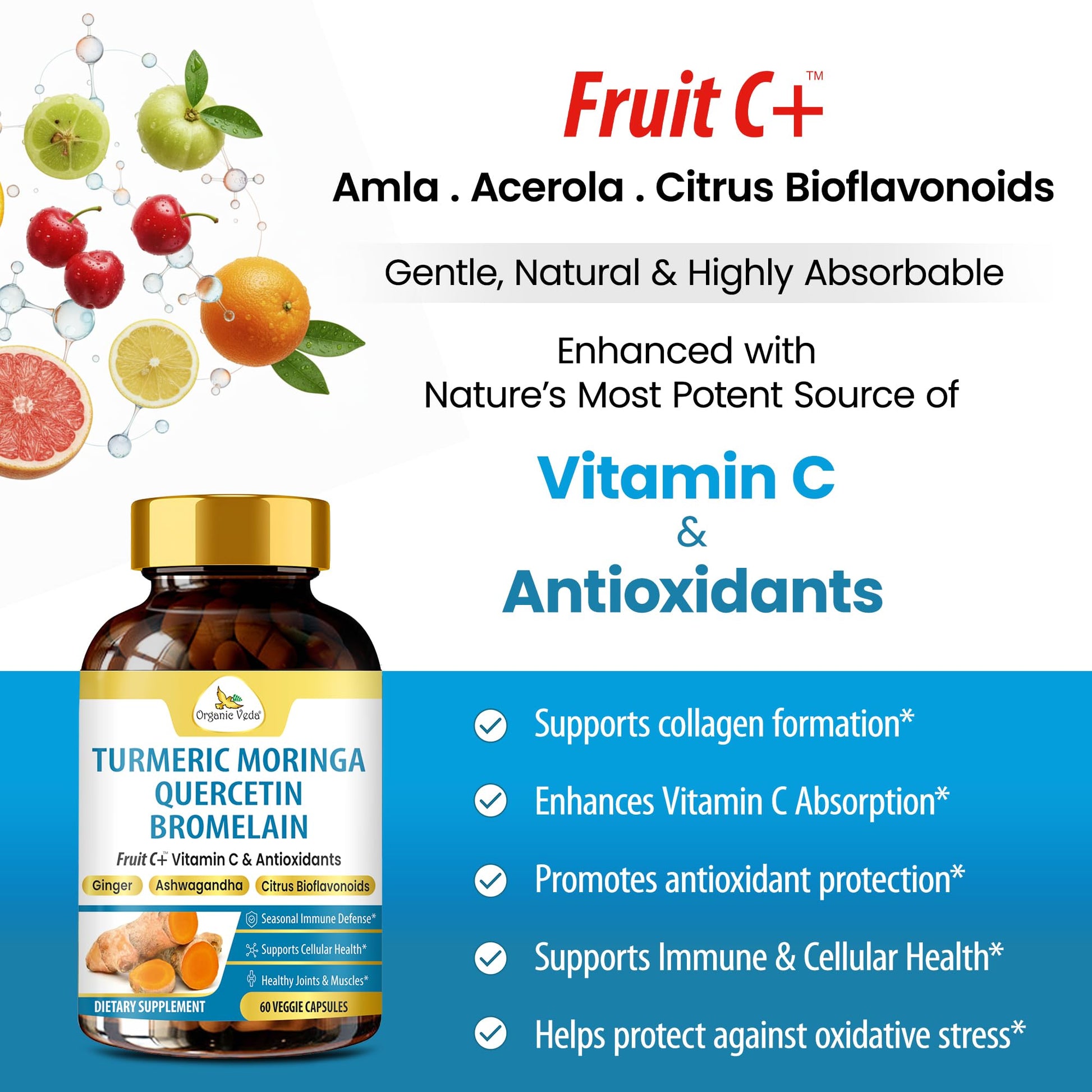 Organic Veda Turmeric Moringa Quercetin with Bromelain Capsules - Fruit C+ Vitamin C Antioxidants Immune System & Respiratory Supplement - Ashwagandha, Ginger, Citrus Bioflavonoids, 60 Vegan Capsule Organic Veda uk supplements