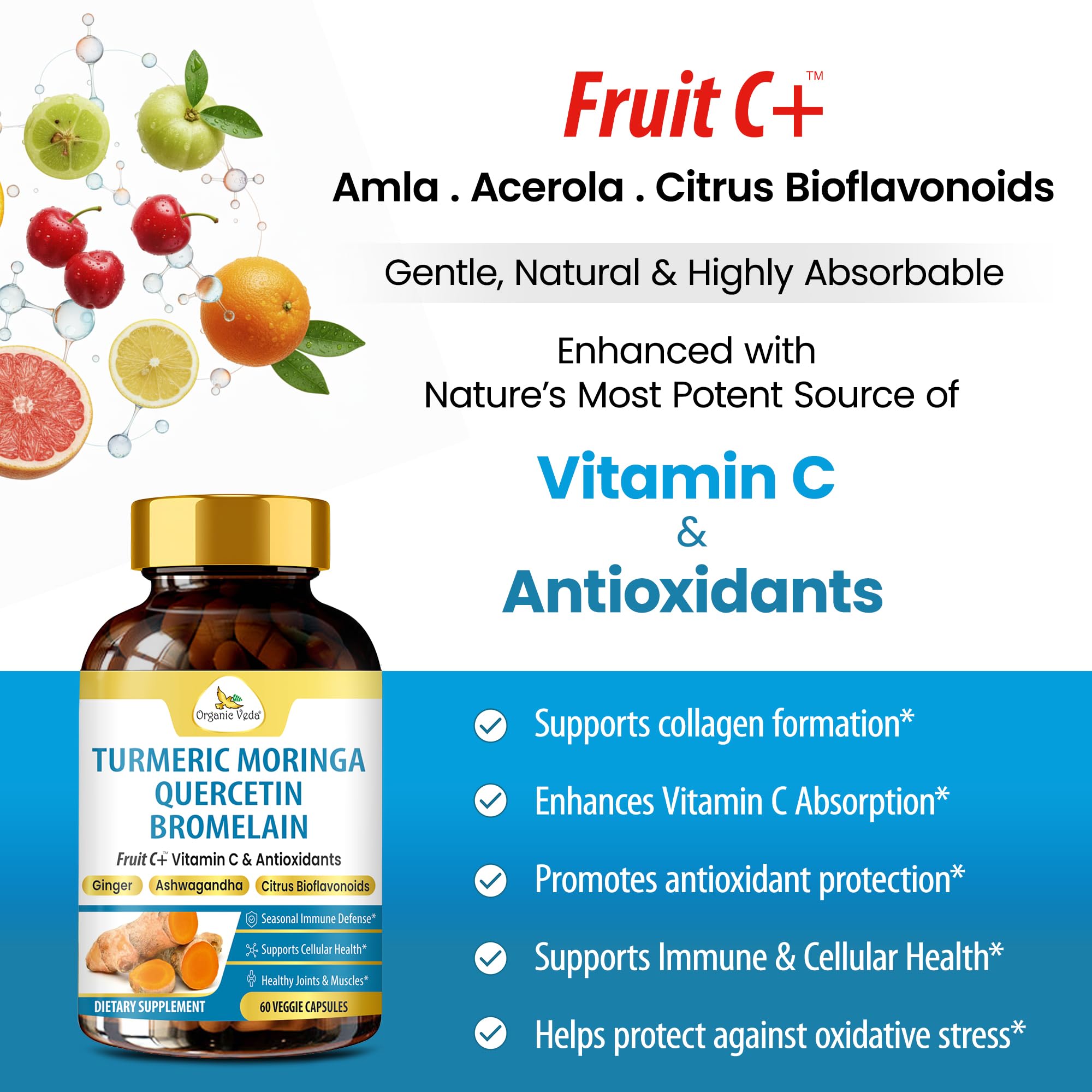 Organic Veda Turmeric Moringa Quercetin with Bromelain Capsules - Fruit C+ Vitamin C Antioxidants Immune System & Respiratory Supplement - Ashwagandha, Ginger, Citrus Bioflavonoids, 60 Vegan Capsule Organic Veda uk supplements