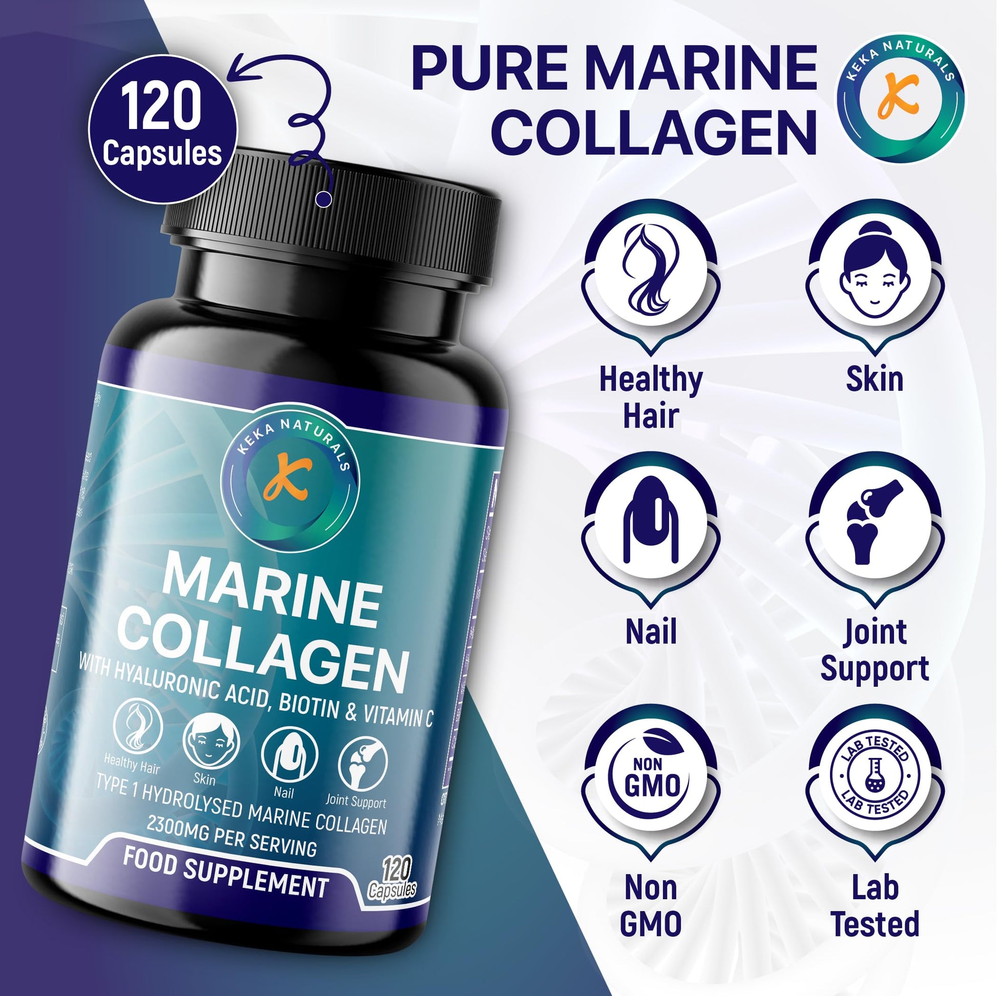 Hydrolysed Marine Collagen Peptides 2300mg - Enhanced with Hyaluronic Acid & Vitamin C Keka Naturals uk supplements