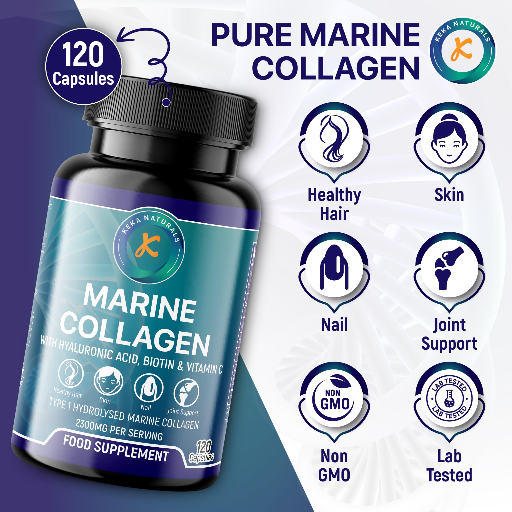 Hydrolysed Marine Collagen Peptides 2300mg - Enhanced with Hyaluronic Acid & Vitamin C Keka Naturals uk supplements
