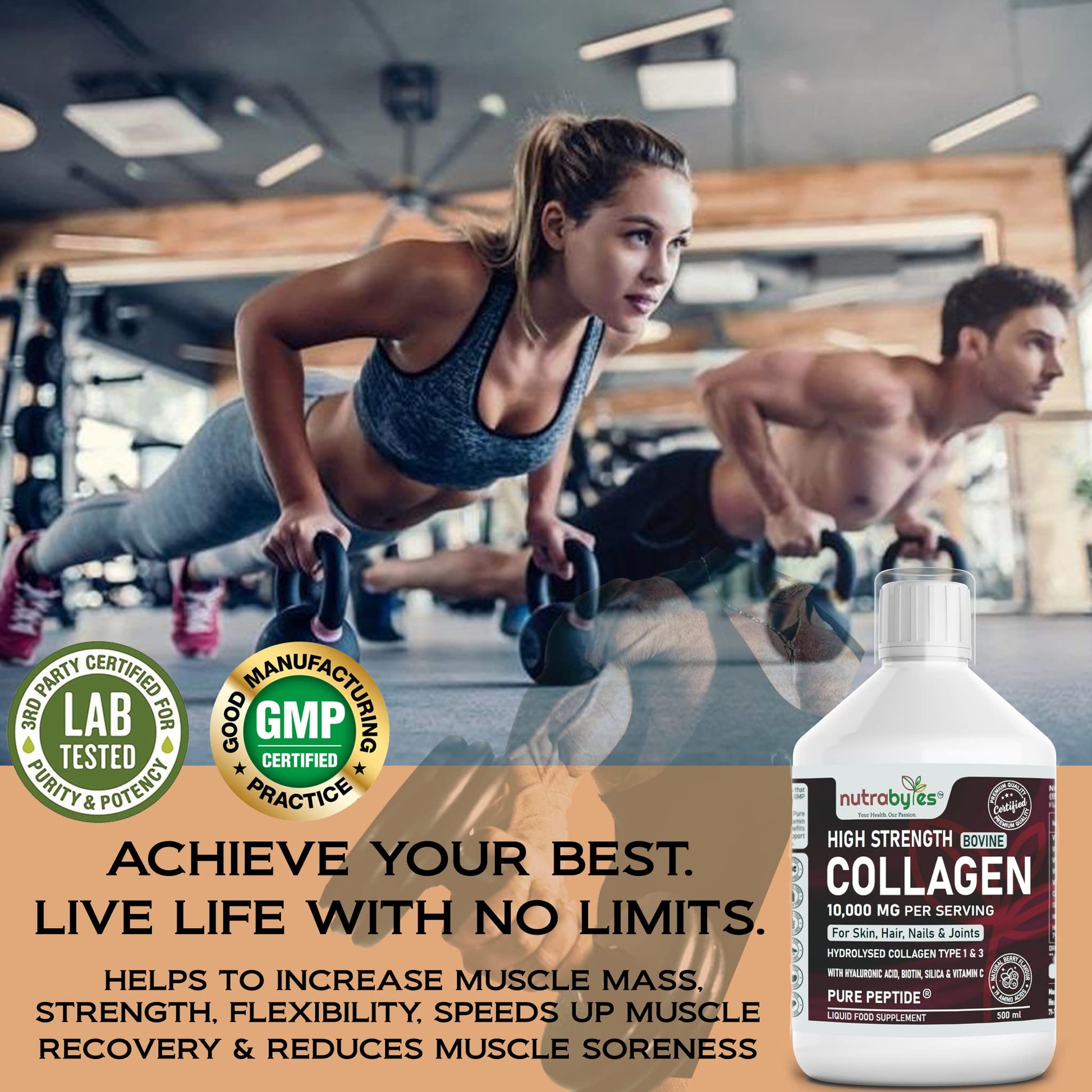 Collagen Liquid 10000mg, Hydrolysed Peptides | Hyaluronic Acid, Biotin, Silica, Vitamin C, Vitamin B12 NUTRABYTES uk supplements
