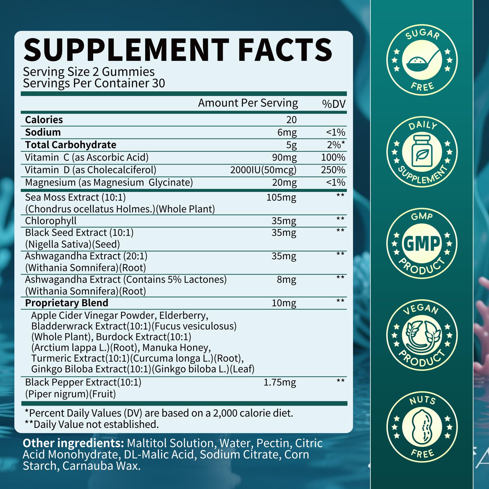 Sea Moss Gummies with Ashwagandha & Chlorophyll, Immune, Digestive and Gut Detox Support, Powered by Black Seed Oil, Vitamin C, Vitamin D & Magnesium, GMO, Vegan, Apple Flavor, 60 SeaMoss Gummies B BEWORTHS uk supplements
