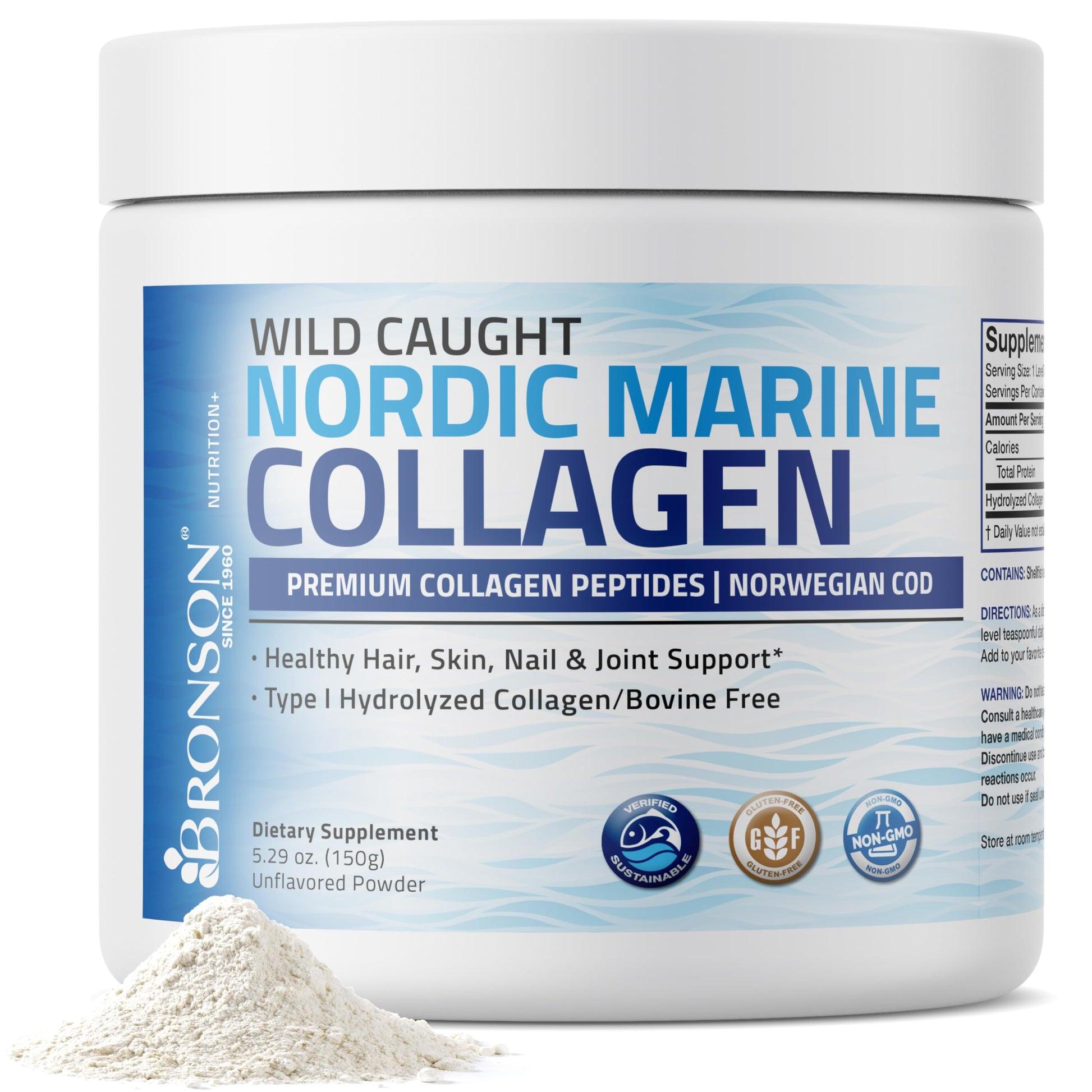Bronson Marine Collagen Peptides Hydrolyzed Protein Powder 100% Wild Caught Nordic Cod Verified Sustainable Source for Joints Skin Hair Nails & Bones 150g (5.29oz) Bronson uk supplements