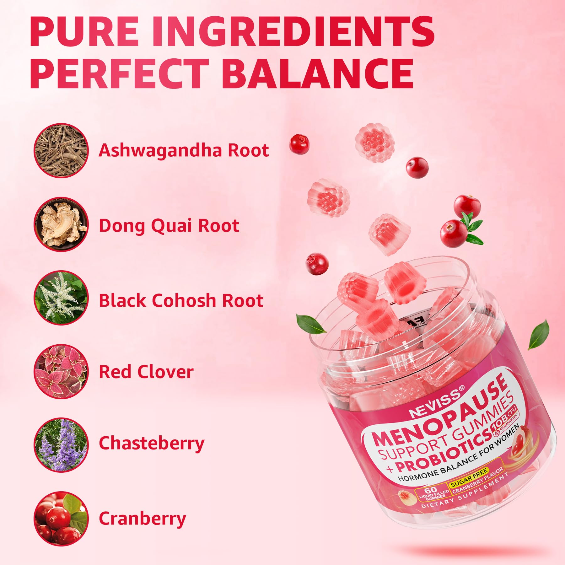 Sugar Free Menopause Supplement Gummies for Women, Menopause Probiotics (10 Billion CFU) Filled Gummy with Ashwagandha, Dong Quai & Black Cohosh for Hot Flashes, Night Sweats, Mood Swings, Gut Health NEVISS uk supplements