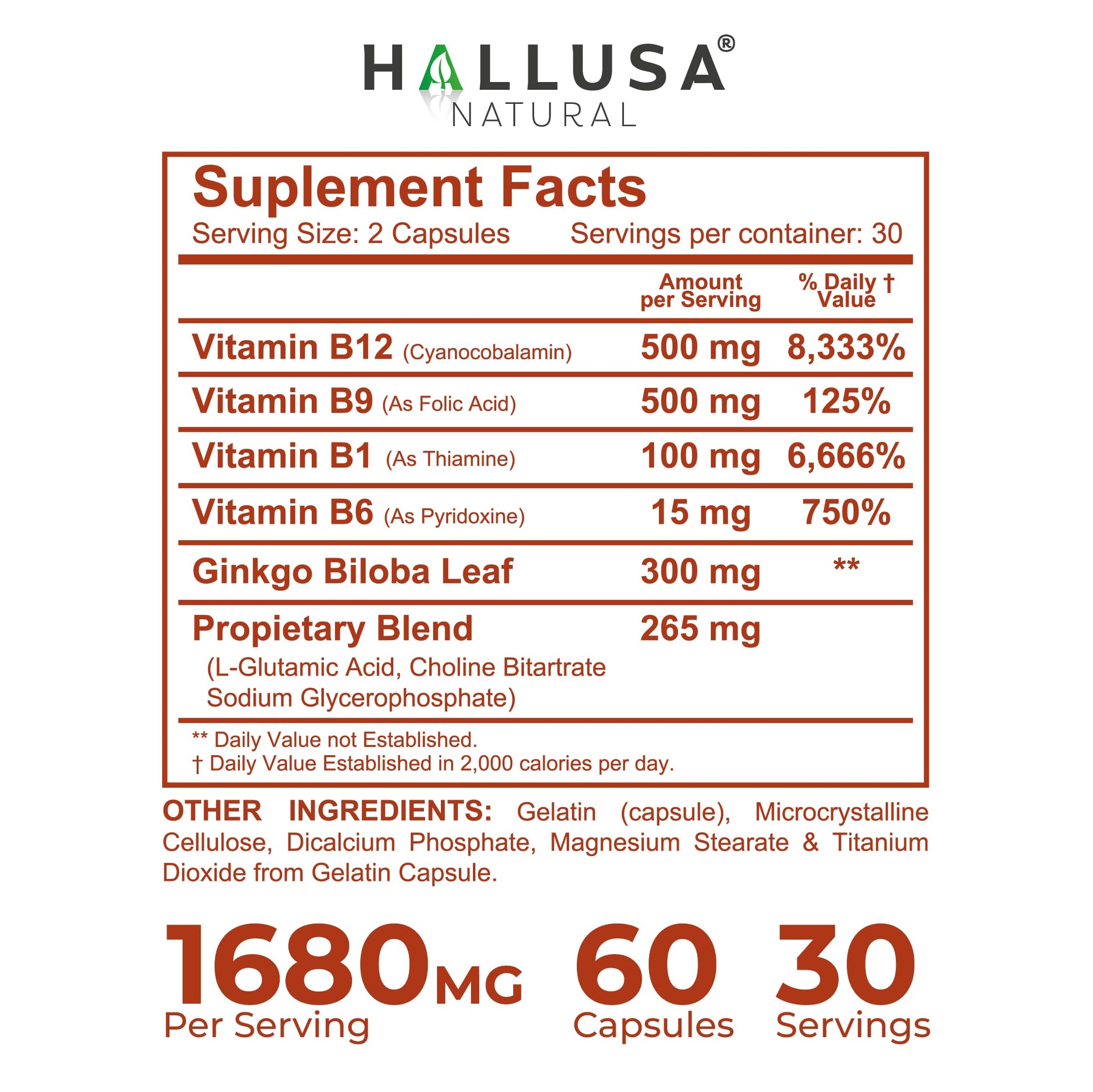 Hallusa Natural Brain Health Supplement Capsules 1680mg, Ginkgo Biloba, B Vitamins & Choline, Memory & Focus Support, Brain Booster for Men & Women, 60 Count Hallusa Natural uk supplements