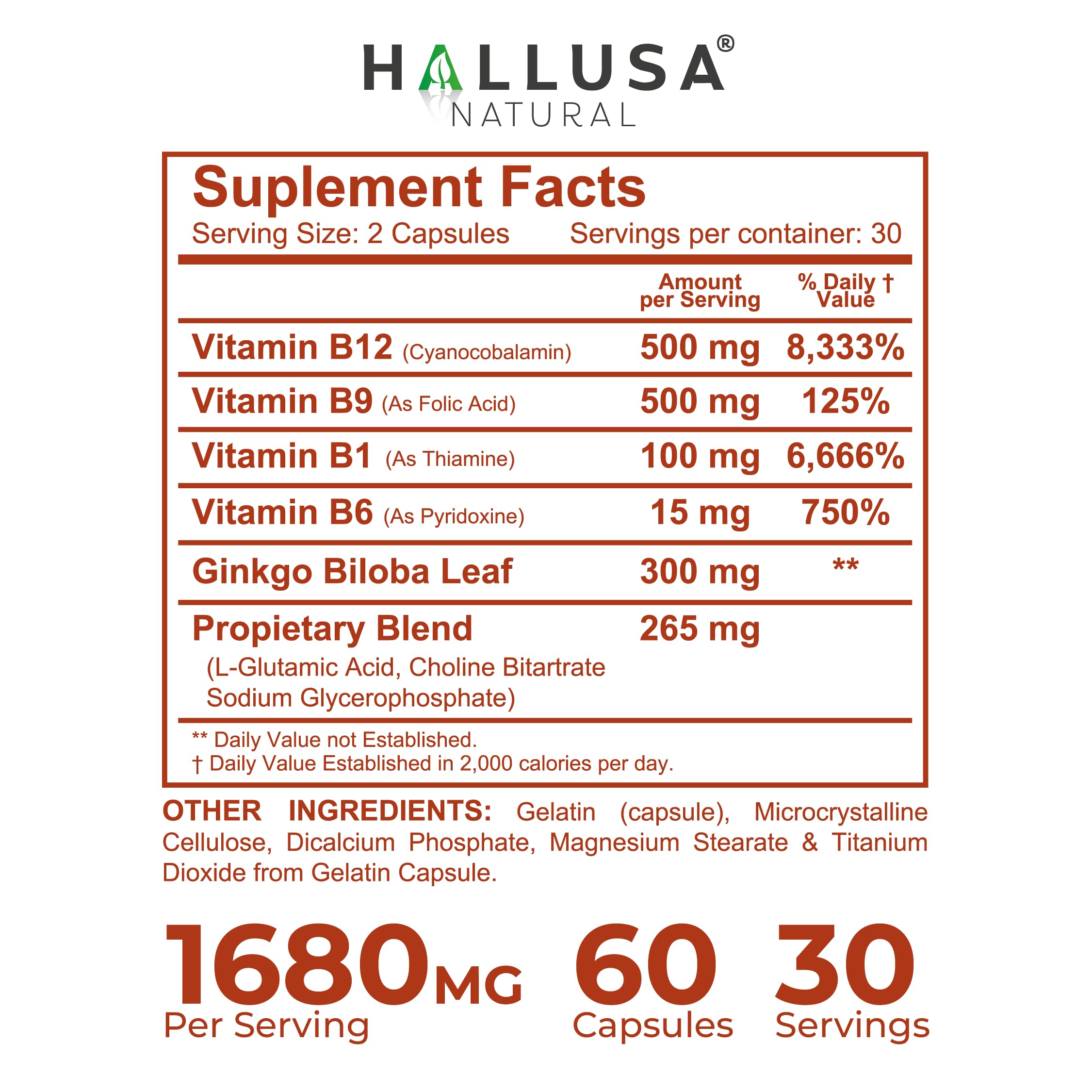 Hallusa Natural Brain Health Supplement Capsules 1680mg, Ginkgo Biloba, B Vitamins & Choline, Memory & Focus Support, Brain Booster for Men & Women, 60 Count Hallusa Natural uk supplements