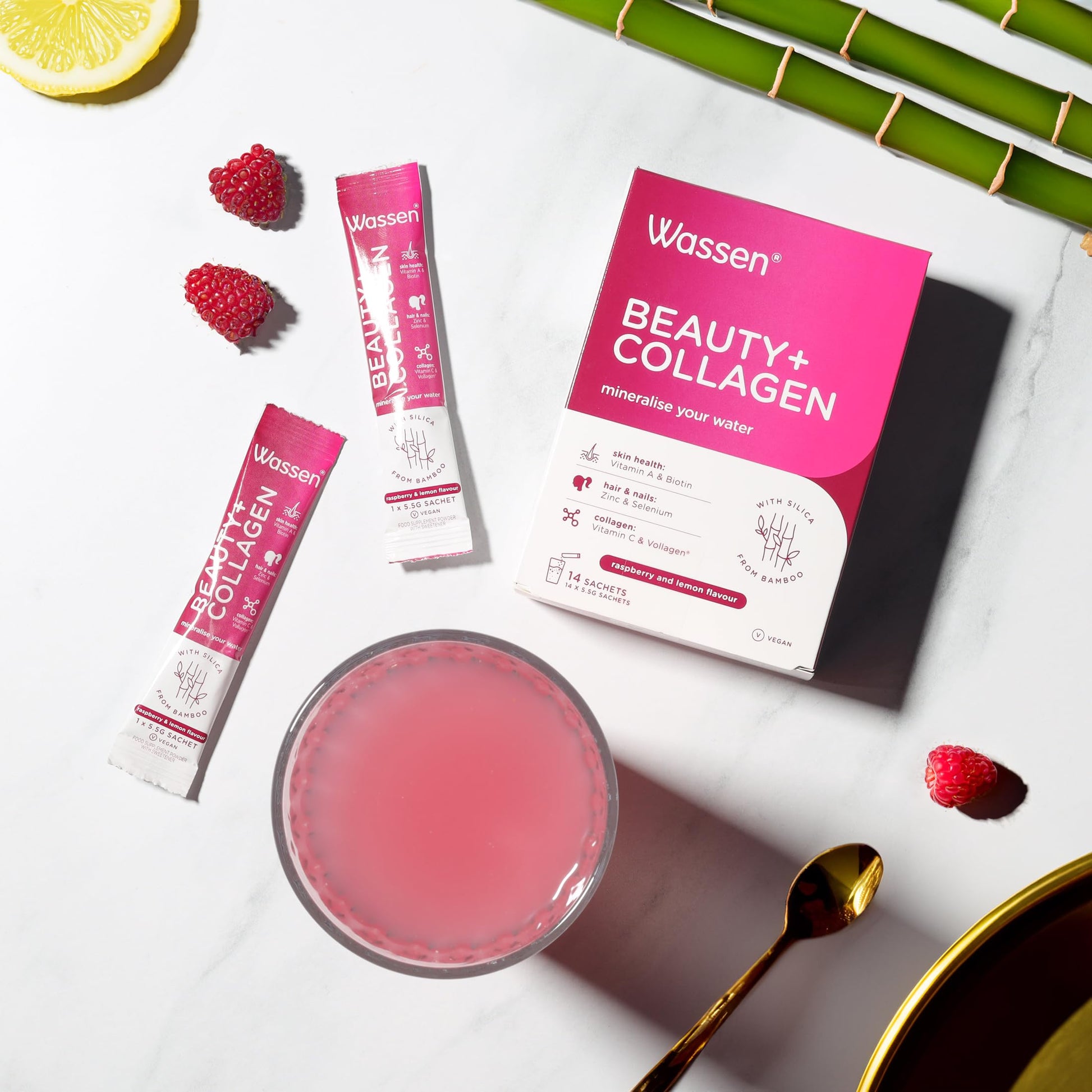 Wassen Beauty and Collagen - Plant-Based Vegan Collagen - 14 Raspberry & Lemon Flavoured Sachets Wassen uk supplements