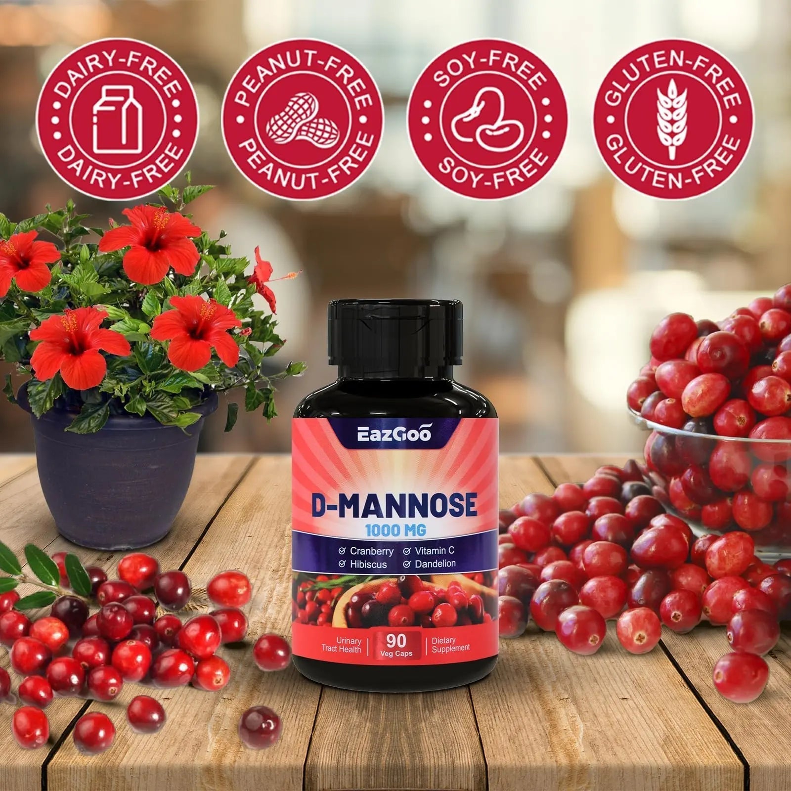 EAZGOO D-Mannose Supplement – 1000mg Capsules with Cranberry, Vitamin C, Hibiscus & Dandelion Extract, Support Urinary Health, D Mannose & Cranberry Capsules, 90 Count(Pack of 2) EAZGOO uk supplements