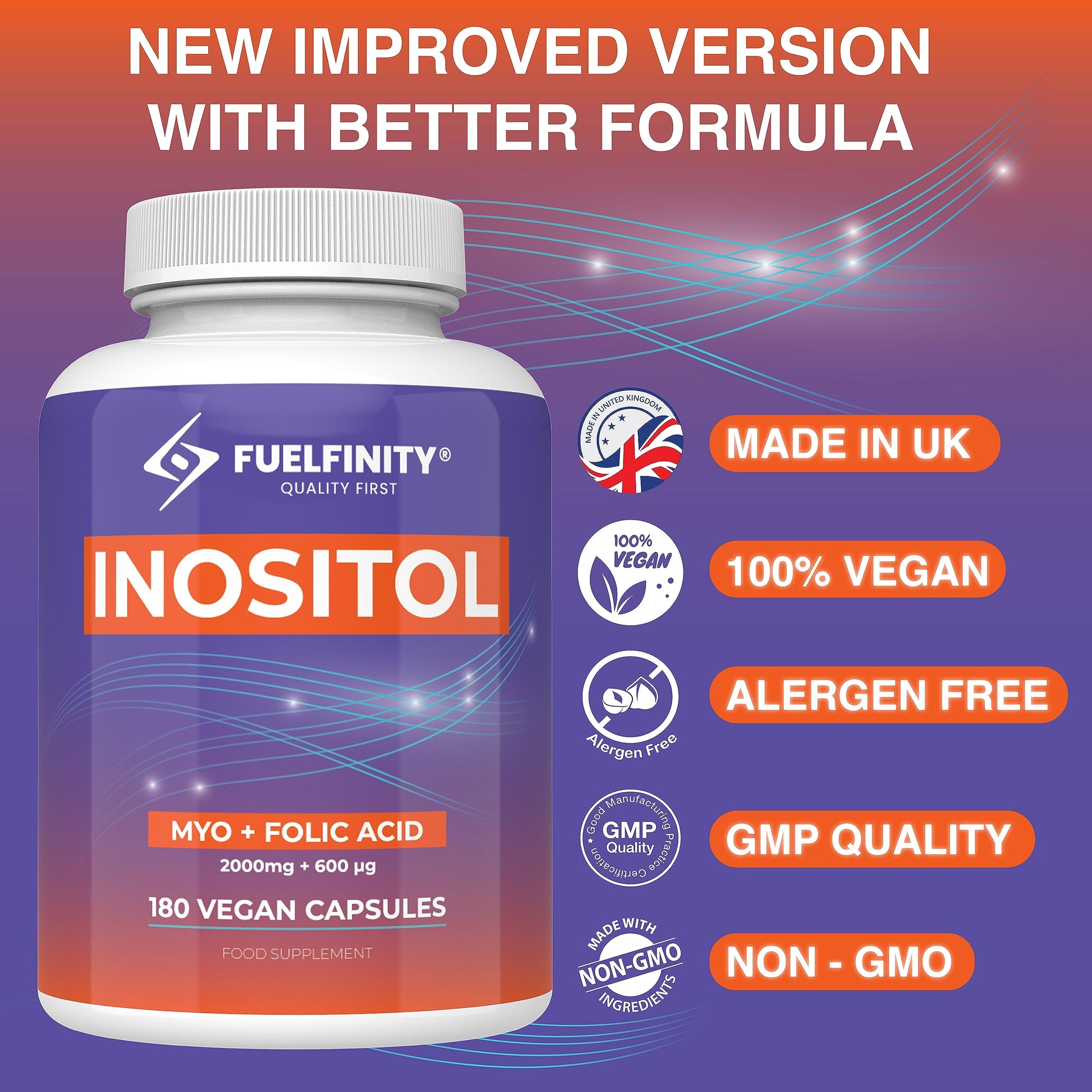 Myo-Inositol & Folic Acid | 2000mg Inositol | 180 Capsules | PCOS and Fertility Supplement FuelFinity uk supplements