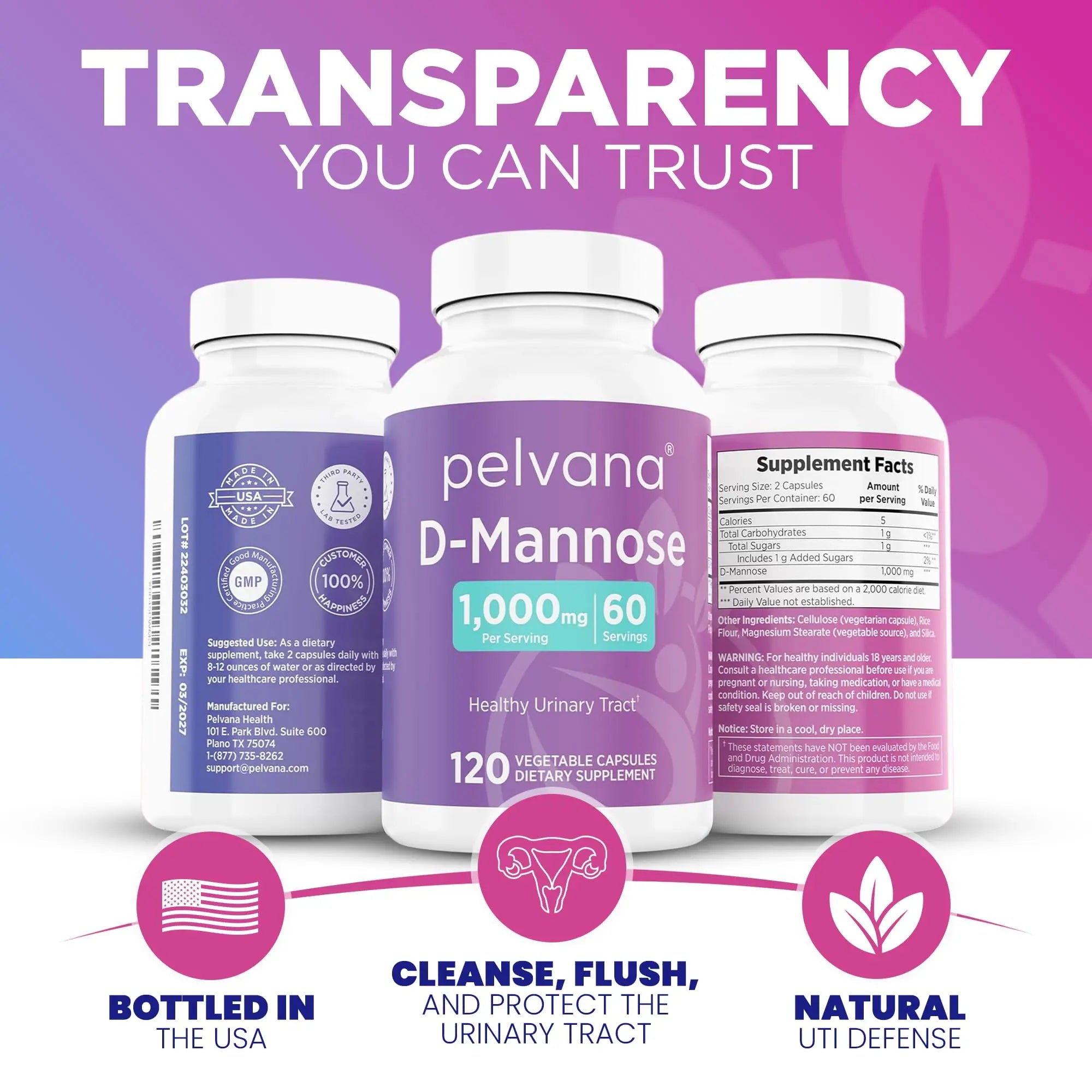 Pelvana D-Mannose 120 Capsules (500mg Each) – 1000mg per Serving – Assists & Maintains Healthy Urinary Tract, Flushes Impurities, Pure Ingredients, Gluten-Free – Third-Party Lab Tested, Made in USA Pelvana uk supplements