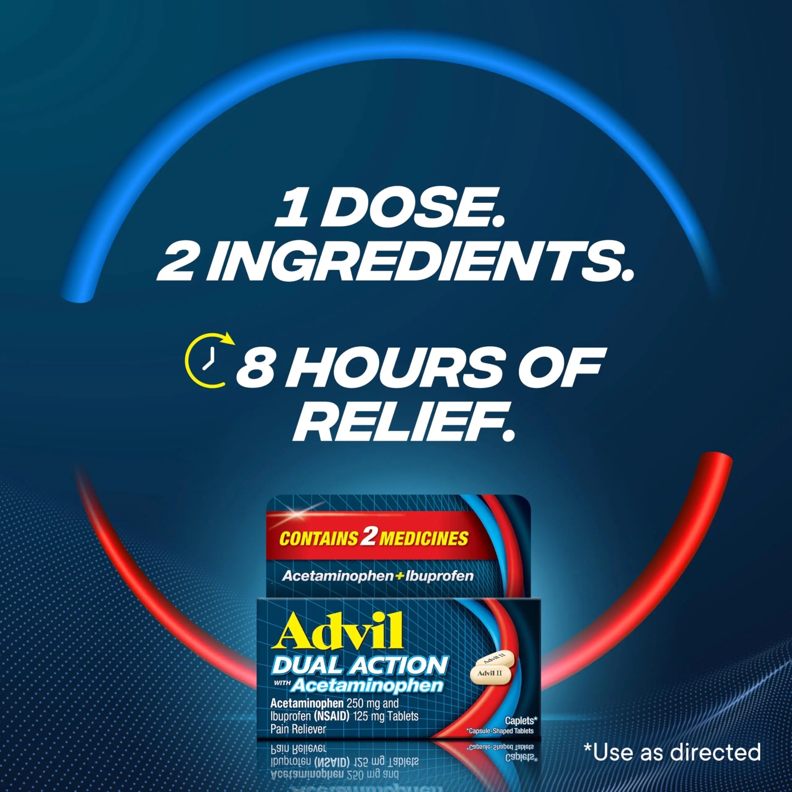 Advil Dual Action With Acetaminophen And Ibuprofen (2 Dose Equivalent) For 8 Hour Pain Relief, Coated 144 Ct Caplets And 2 Ct. Sample Of Advil PM Advil uk supplements