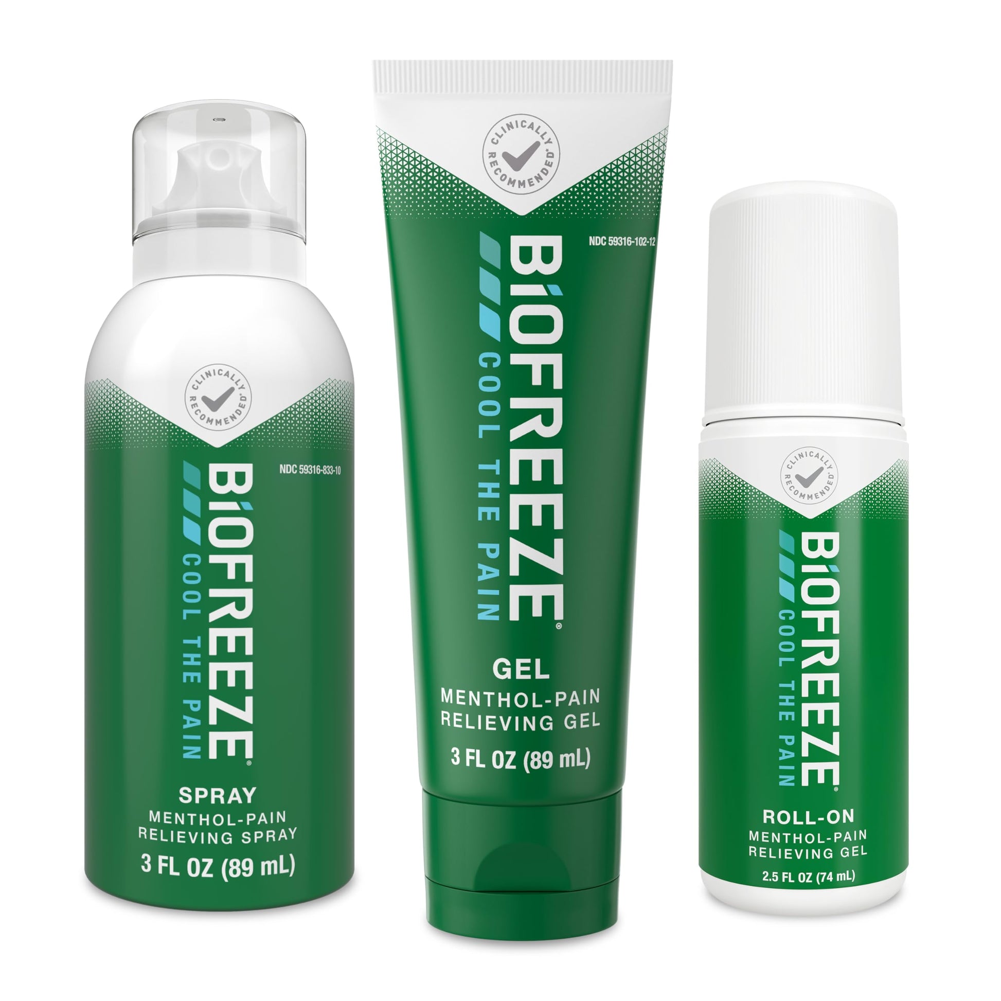 Biofreeze Spray, Gel, & Roll-On Pain Relief Variety Pack, Muscle Pain Relief, Arthritis Pain Reliver, Neck Pain Relief, Cooling Menthol Joint Pain Relief, 3 Fl Oz Spray, 3 Fl Oz Gel, 2.5 Fl Oz Roll On Biofreeze uk supplements