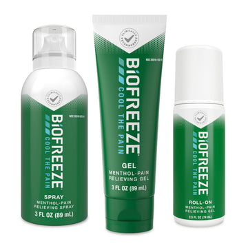 Biofreeze Spray, Gel, & Roll-On Pain Relief Variety Pack, Muscle Pain Relief, Arthritis Pain Reliver, Neck Pain Relief, Cooling Menthol Joint Pain Relief, 3 Fl Oz Spray, 3 Fl Oz Gel, 2.5 Fl Oz Roll On Biofreeze uk supplements
