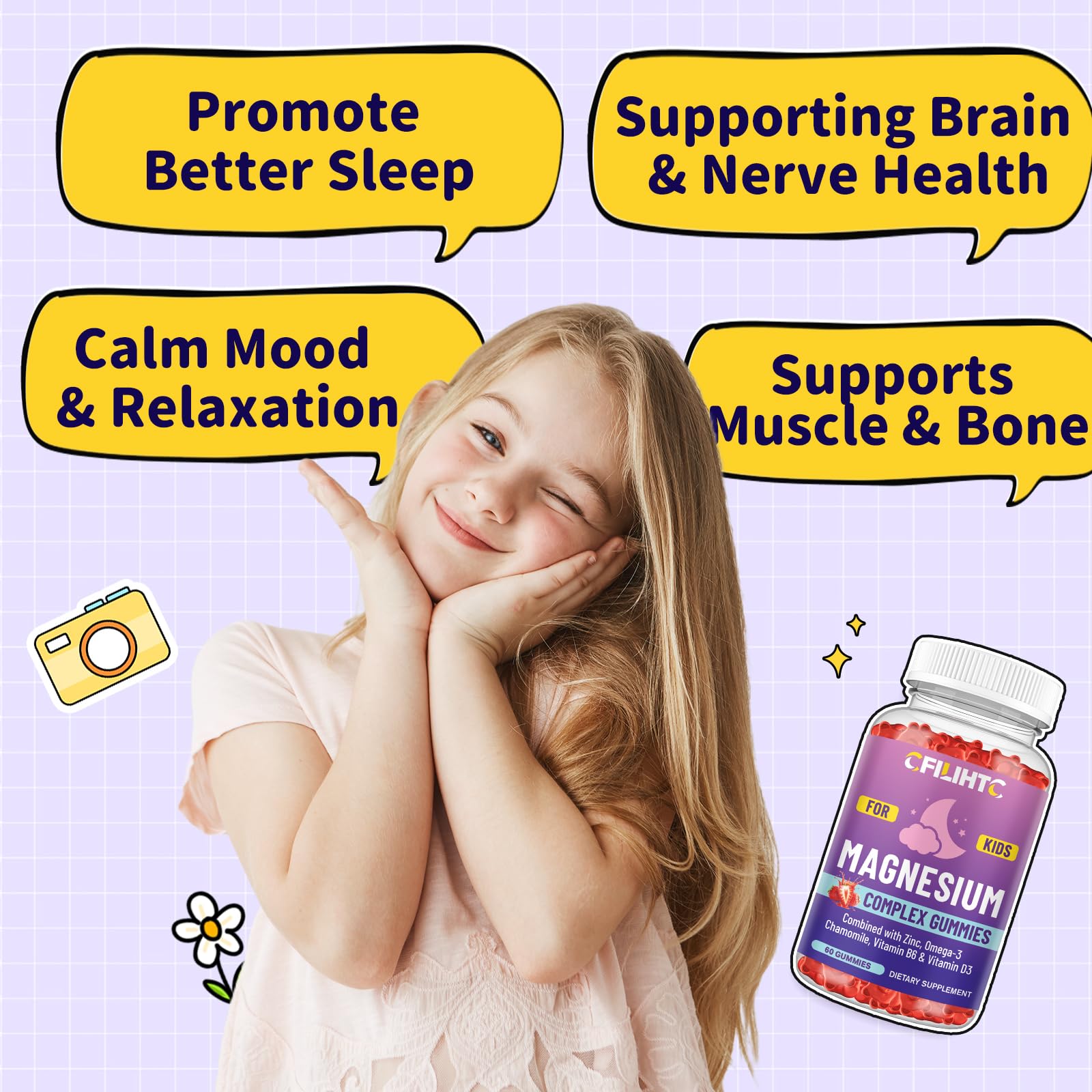 Kids Magnesium Gummies-Magnesium Glycinate Gummies for Kids Supplement-w/Zinc, Chamomile, Omega-3, Vitamin B6, D3 - for Sleep, Relaxation, Brain, Bones, Children's Calm, Sugar Free Strawberry 60ct CFILIHTC uk supplements