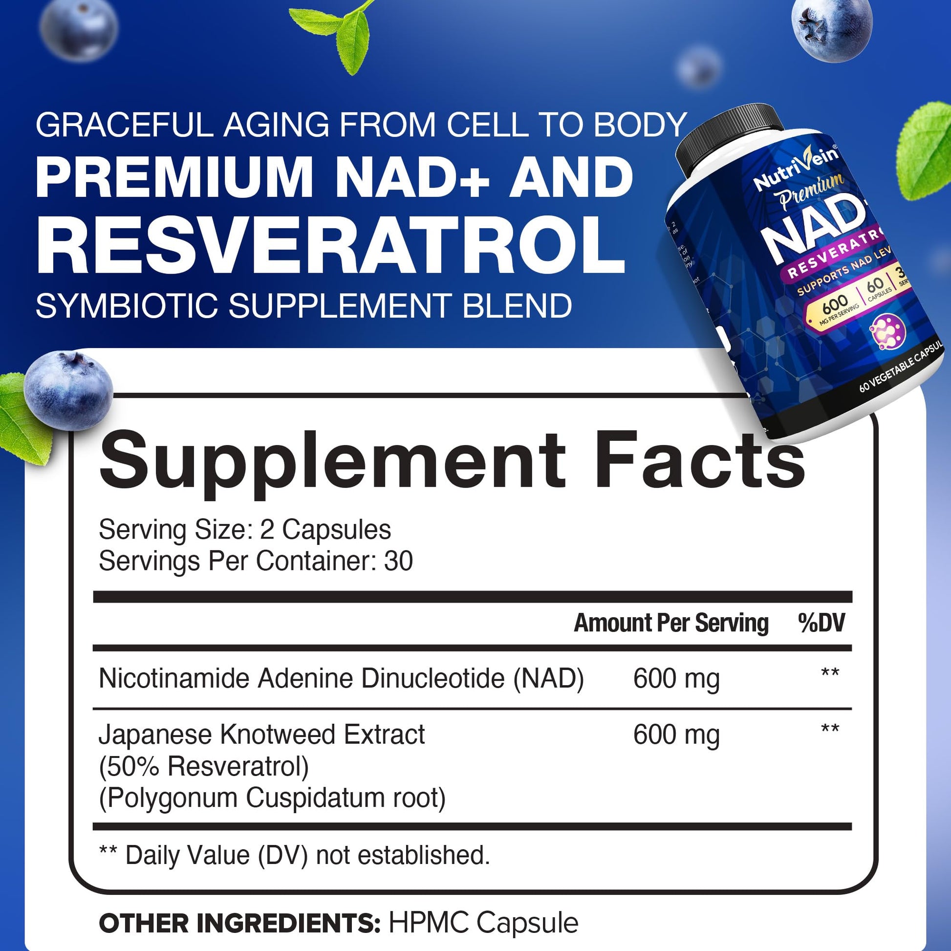Nutrivein Premium NAD + Resveratrol Supplement 600 mg - 30 Servings (60 Capsules): Powerful Synergistic NAD Resveratrol Supplement - Aging, Cognition, Metabolism, & Overall Well-Being Nutrivein uk supplements