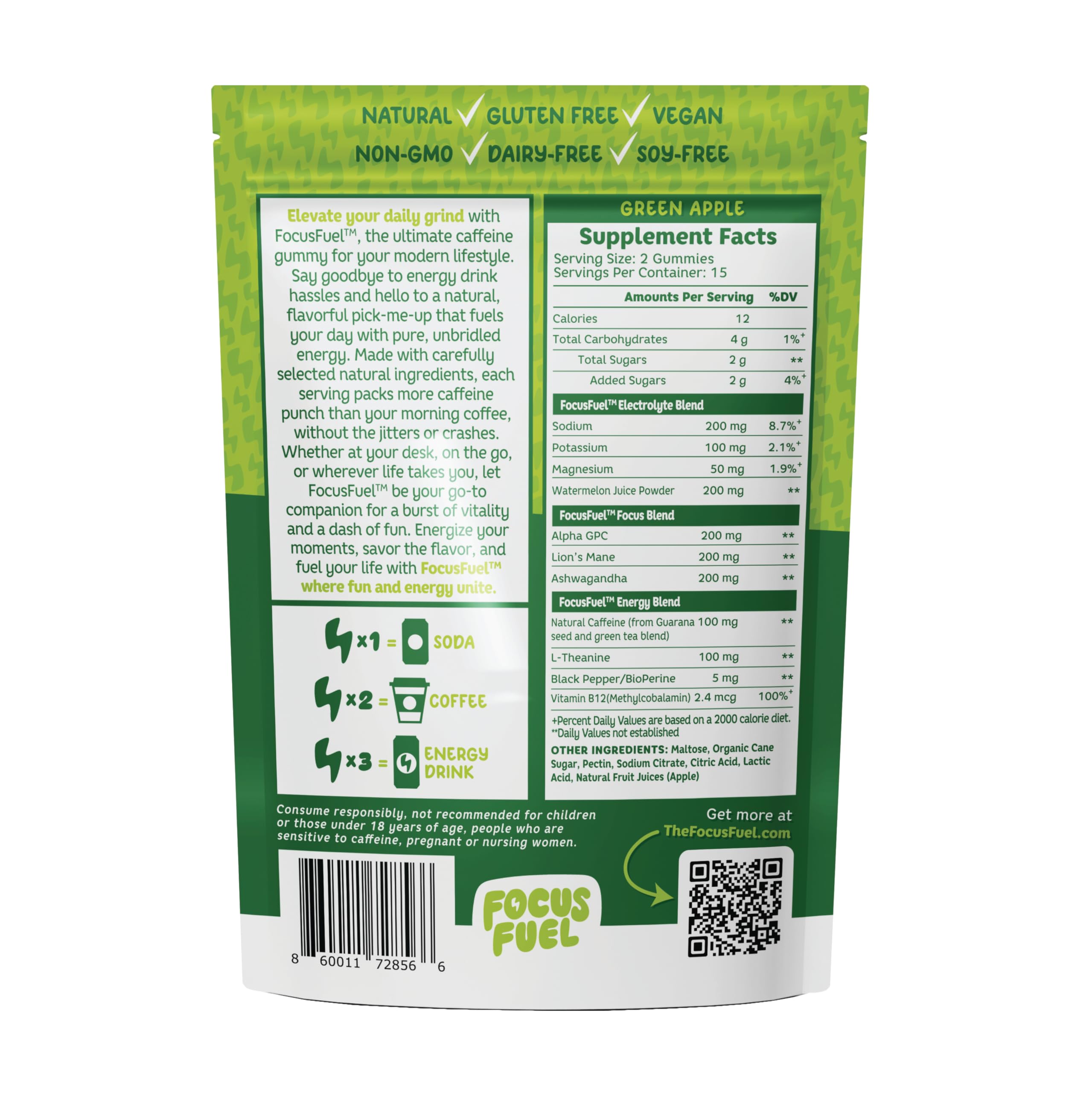 FocusFuel Energy Chews – Green Apple Flavor (15 Servings) – 100mg Caffeine + B12, Magnesium, Alpha GPC – Boost Focus & Energy – No Crash or Jitters FocusFuel uk supplements