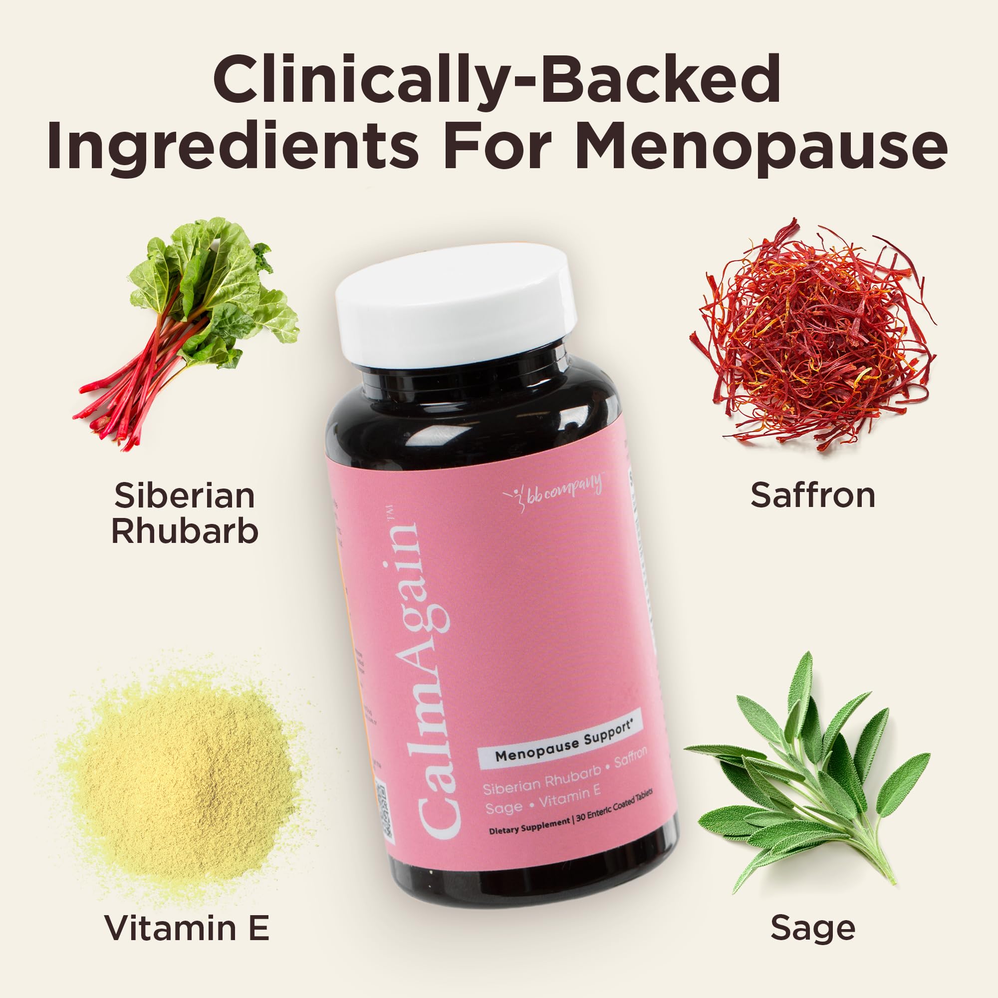 BB Company CalmAgain for Menopause Anxiousness, Mood Balance for Women | Stay Calm, Lower Cortisol, Fewer Mood Swings | Siberian Rhubarb, Sage, Saffron | Menopause Relief | 30 Ct BB Company uk supplements