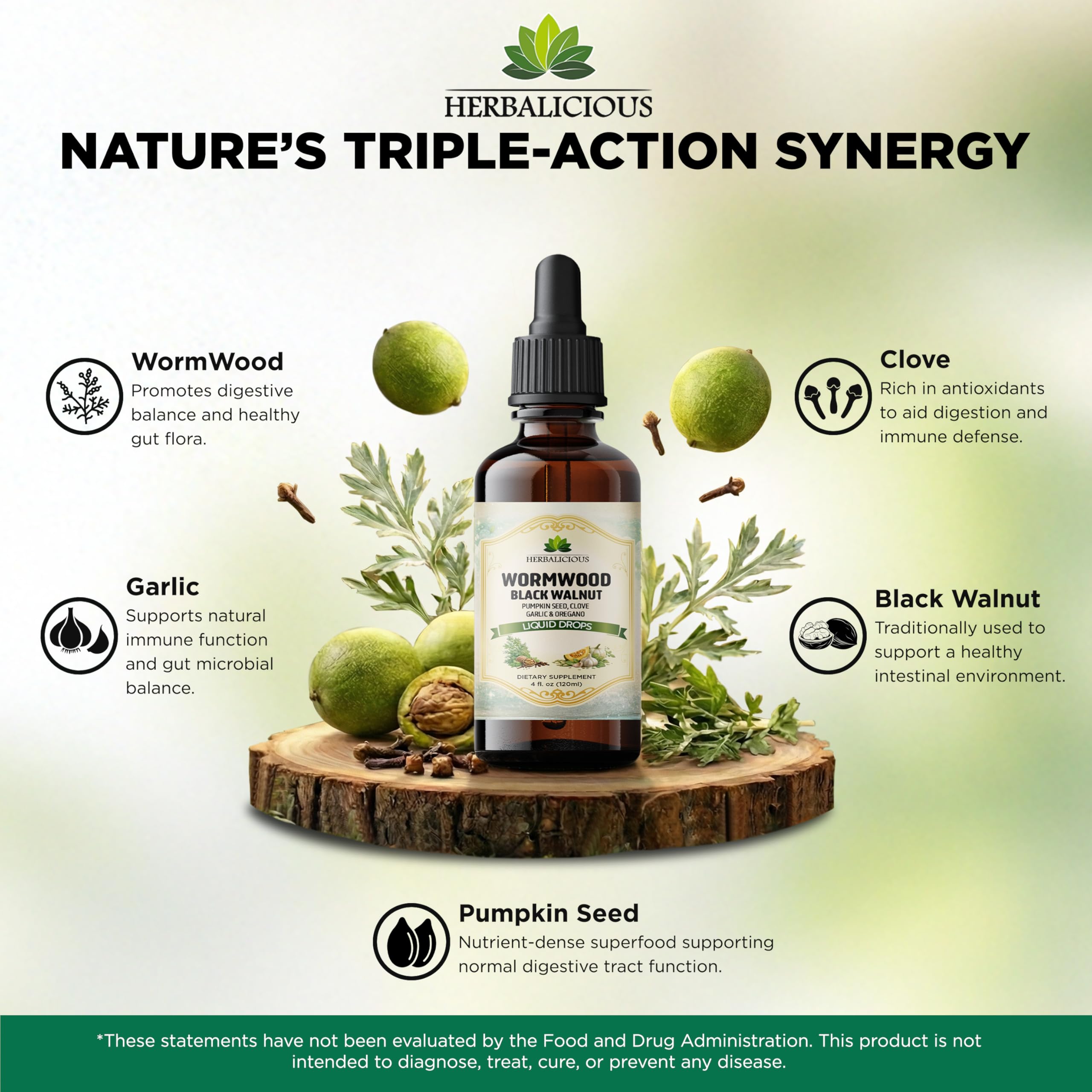 HEBRALICIOUS Wormwood Black Walnut Liquid Drops – Herbal Blend with Pumpkin Seed, Clove, Garlic & Oregano Oil – Alcohol Free Herbal Tincture – Liquid Dietary Supplement, 4 fl oz (120ml) HERBALICIOUS uk supplements