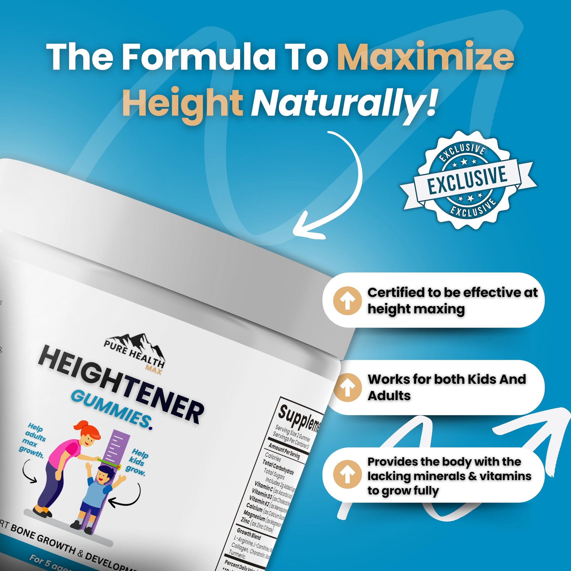 Heightener Gummies - Natural Height Growth Supplement for Kids, Teens and Adults to Increase Bone Strength and Grow Tall | Height Maximizer Pills with L-Arginine, Calcium & Zinc | 60 Gummy PURE HEALTH MAX uk supplements