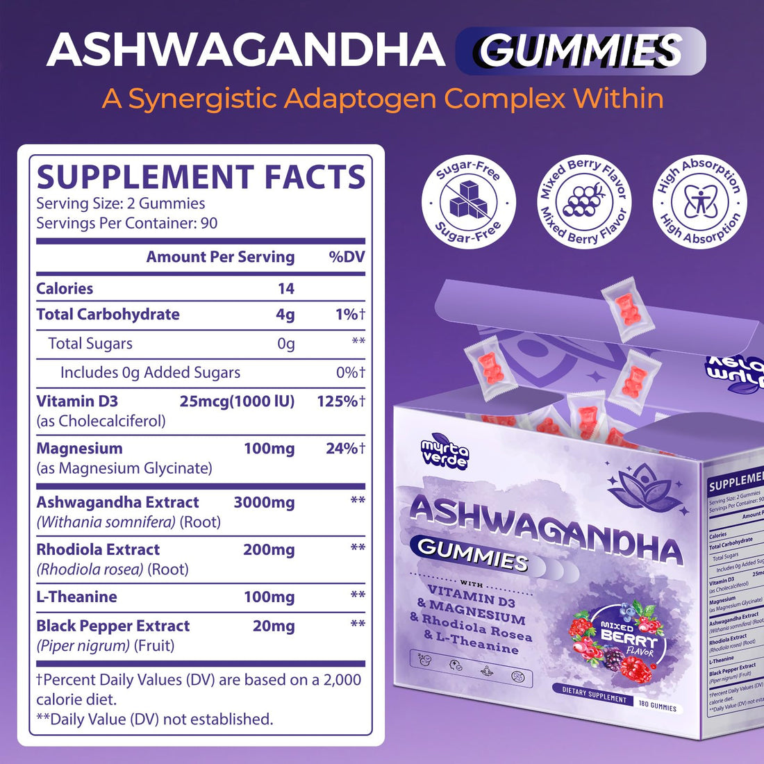 3000mg Ashwagandha Gummies for Women & Men, 180 Count | Extra Strength Ashwagandha Supplement for Stress, Relaxation & Immune Support | Magnesium, Rhodiola, L-Theanine, D3 | Sugar Free Mixed Berry Myrtaverde uk supplements