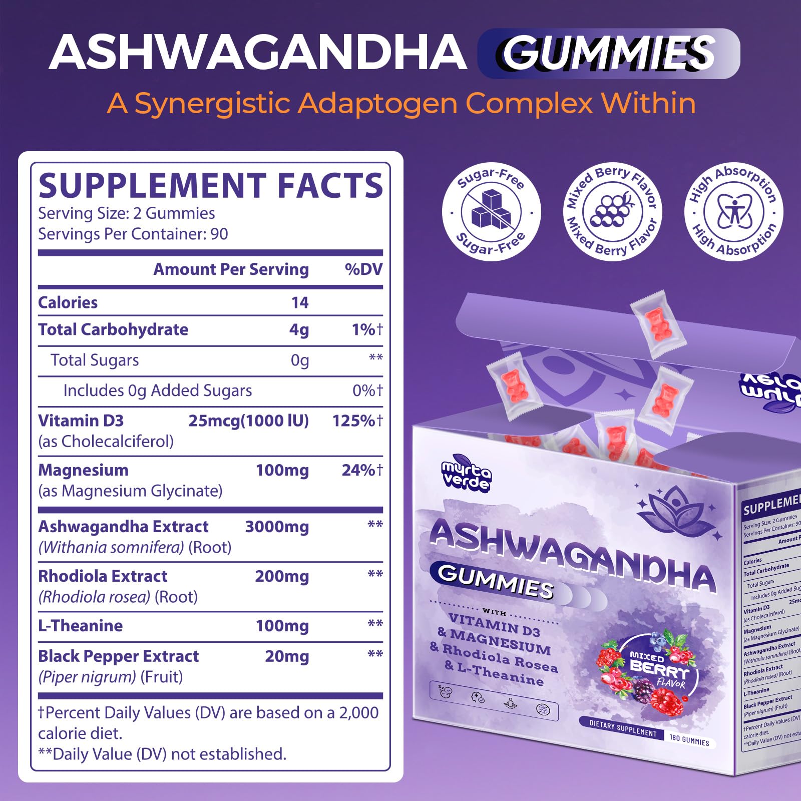 3000mg Ashwagandha Gummies for Women & Men, 180 Count | Extra Strength Ashwagandha Supplement for Stress, Relaxation & Immune Support | Magnesium, Rhodiola, L-Theanine, D3 | Sugar Free Mixed Berry Myrtaverde uk supplements