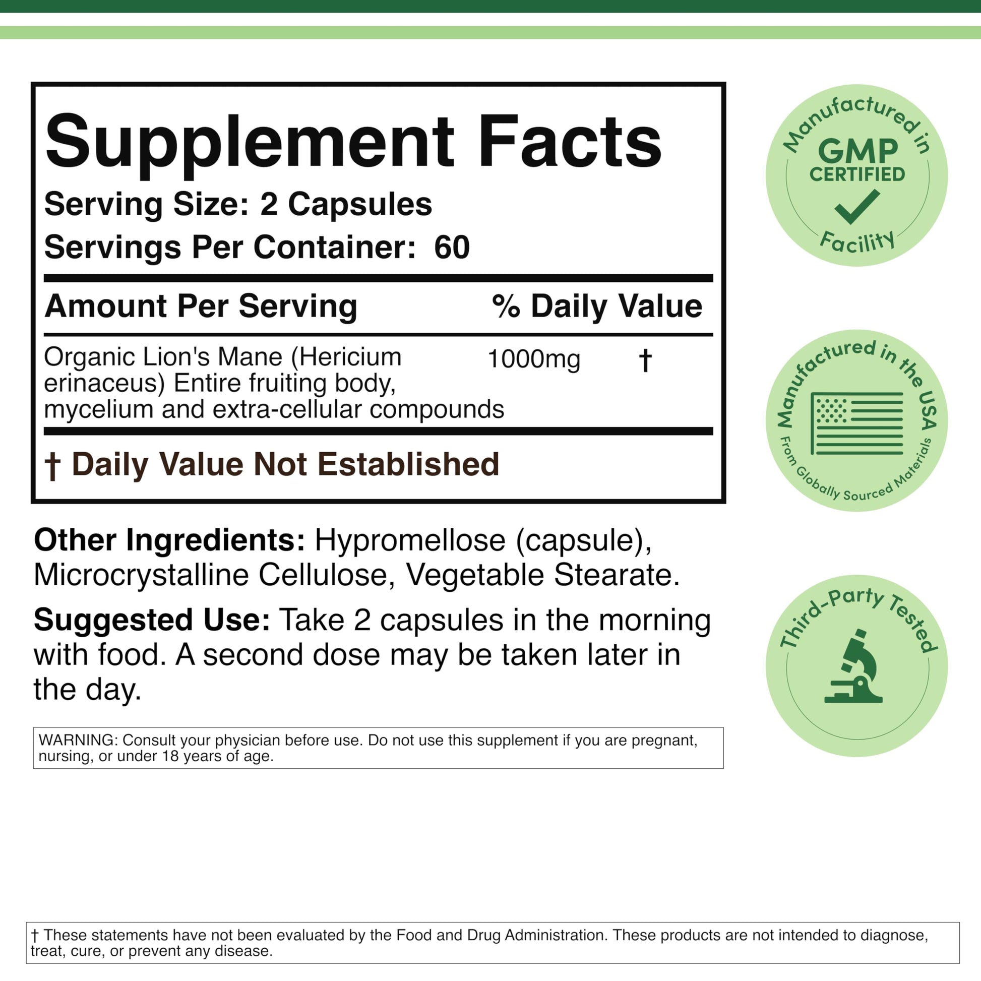 Organic Lions Mane Mushroom Capsules (120 Count), for Focus Support and Immune Health, Third Party Tested and Grown in The USA - by Double Wood Double Wood Supplements uk supplements