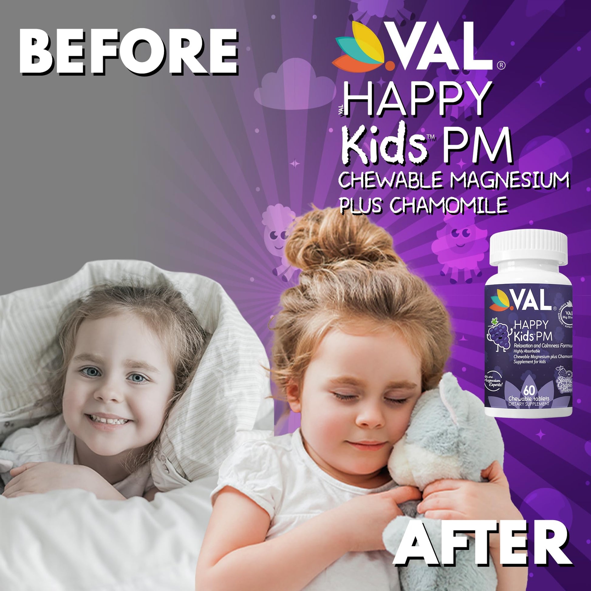 VAL Kids PM Magnesium Gummies | Sugar-Free Chewable Tablets with Chamomile, Magnesium Glycinate + Citrate + Taurate | Vitamin B6 & C | Natural Grape Flavor | Sleep & Calm Support | 60 Ct | Ages 4+ VAL uk supplements