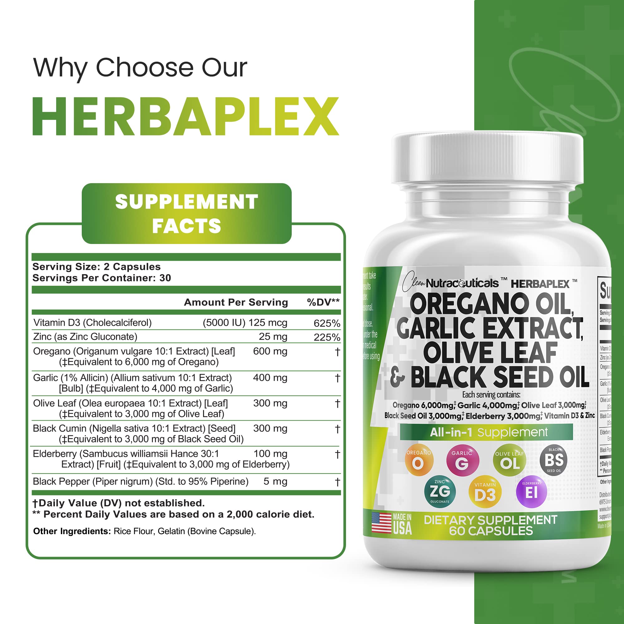 Oregano Oil 6000mg Garlic Extract 4000mg Olive Leaf 3000mg Black Seed Clean Nutraceuticals uk supplements