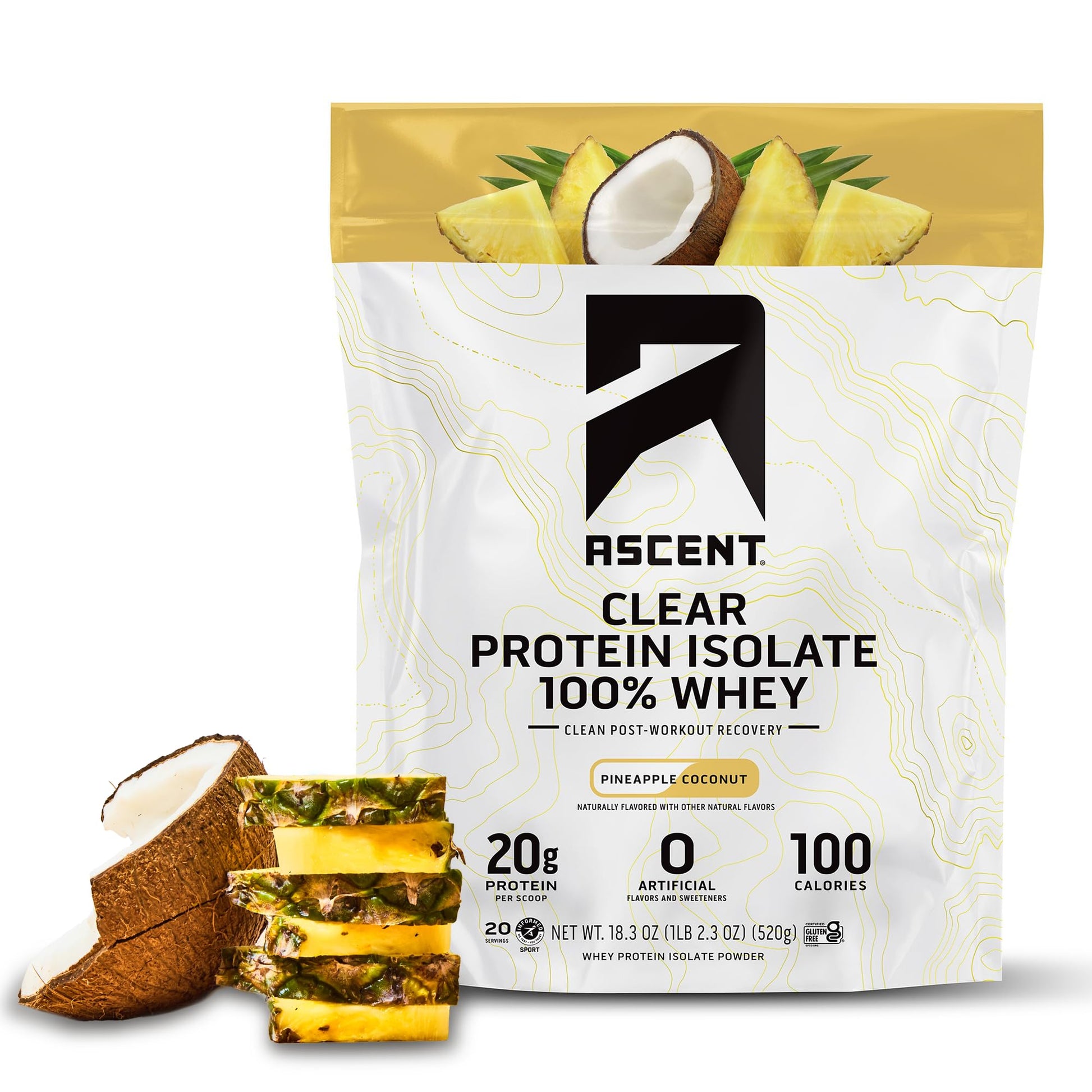 Ascent 100% Clear Whey Protein Powder - Post Workout Whey Protein Isolate, Zero Artificial Flavors & Sweeteners, Gluten Free, 5.5g BCAA, 2.1g Leucine, Essential Amino Acids, Pineapple Coconut, 20 Serv Ascent uk supplements