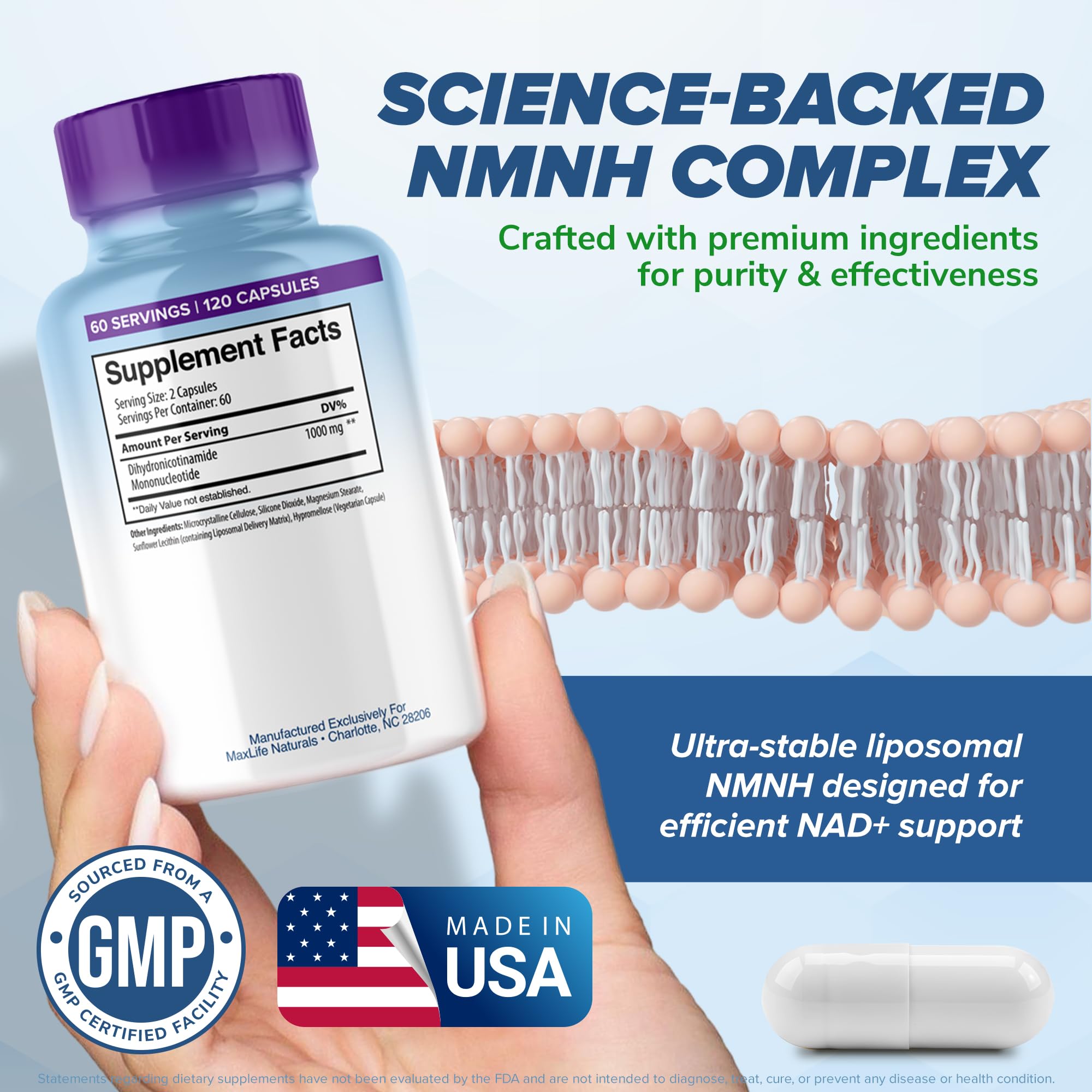 Liposomal NMNH 1000mg - 120 Capsules, Dihydronicotinamide Mononucleotide NAD+ Precursor - Ultra-Absorbable NAD Plus Complex, Liposomal NMN Supplements Capsules for Aging Support & Cellular Energy MAXLIFE NATURALS uk supplements