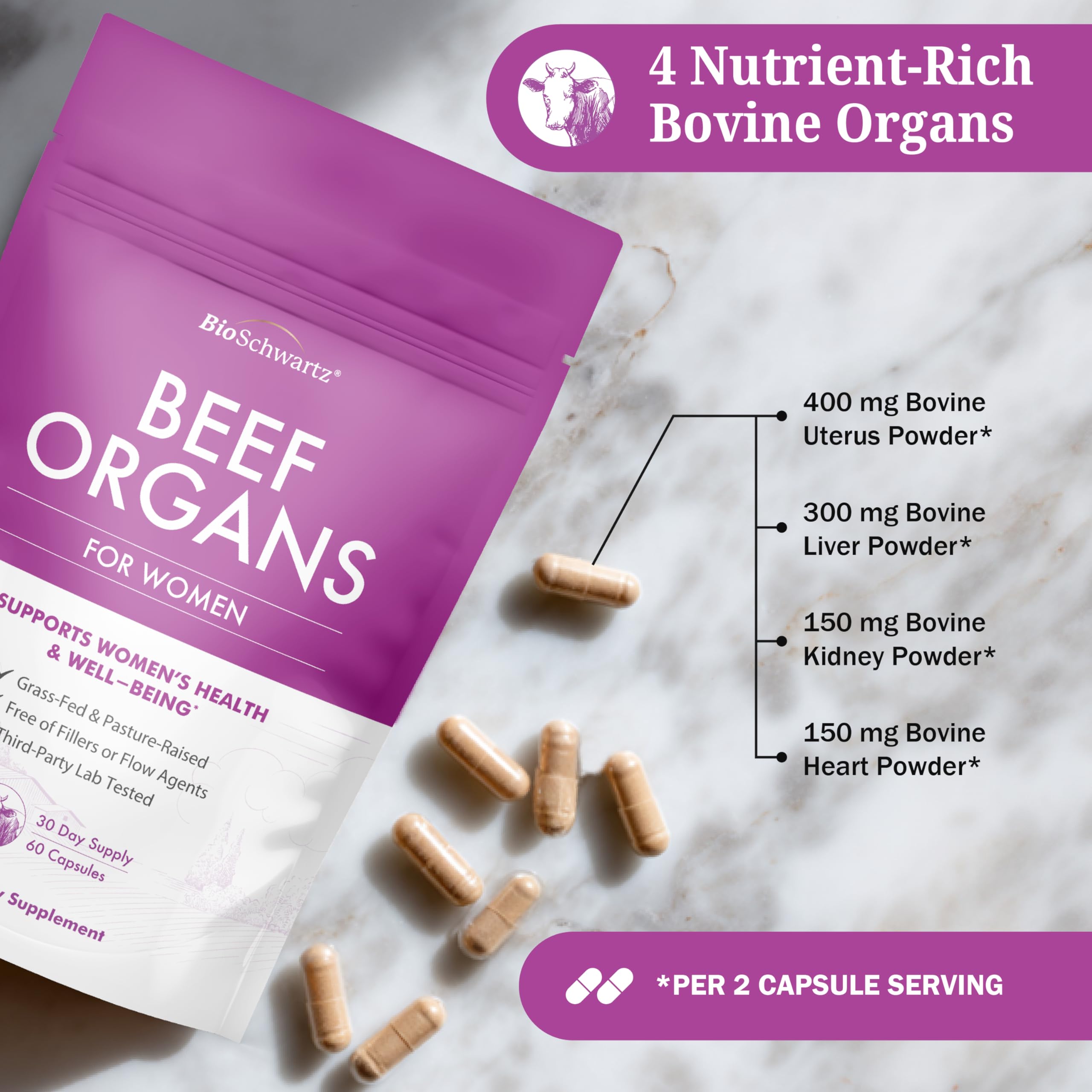 BioSchwartz Primal Beef Organ Supplement for Women - 60 Capsules - Grass-Fed & Pasture-Raised - Supports Healthy Hair Skin and Nails, Hormone Balance - with Bovine Liver, Kidney, Heart, Uterus Powder BioSchwartz uk supplements