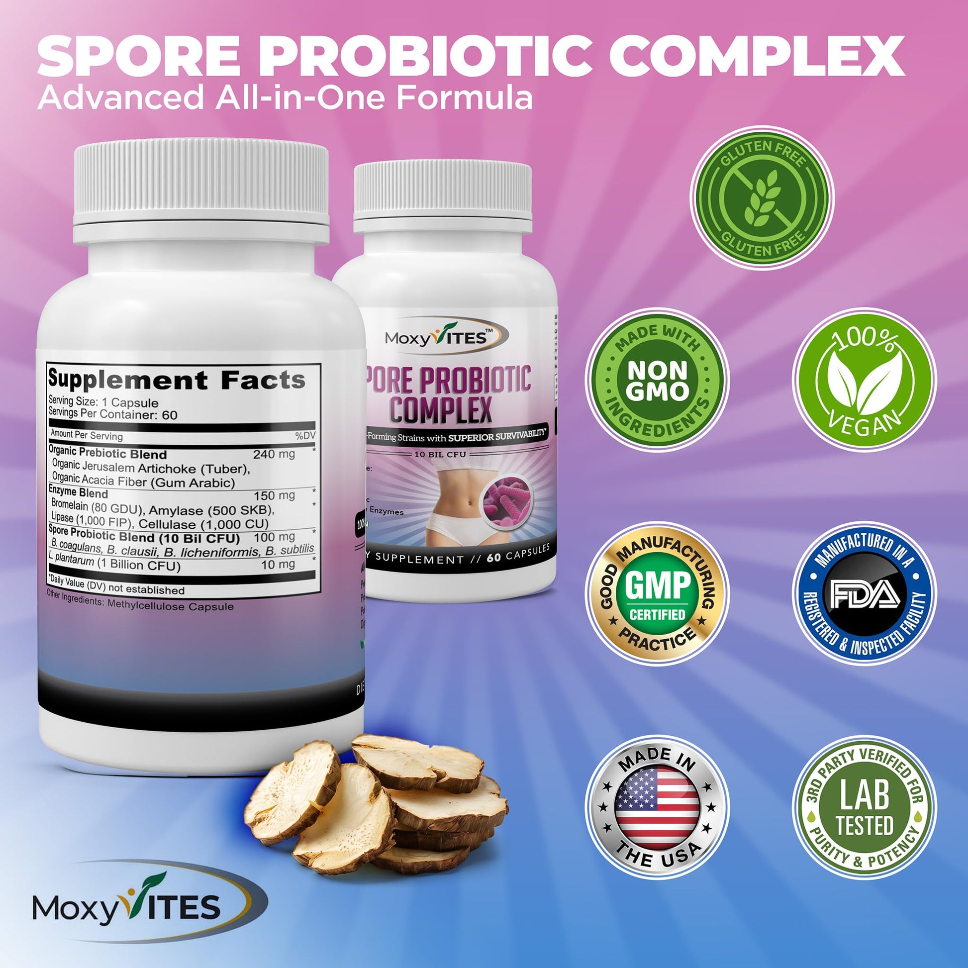 MoxyVites Spore Probiotic Complex - All In One Prebiotics and Probiotics for Digestive Health, Postbiotic, Digestive Enzymes Daily Supplement - Spore Based Probiotic for Women & Men MoxyVites uk supplements