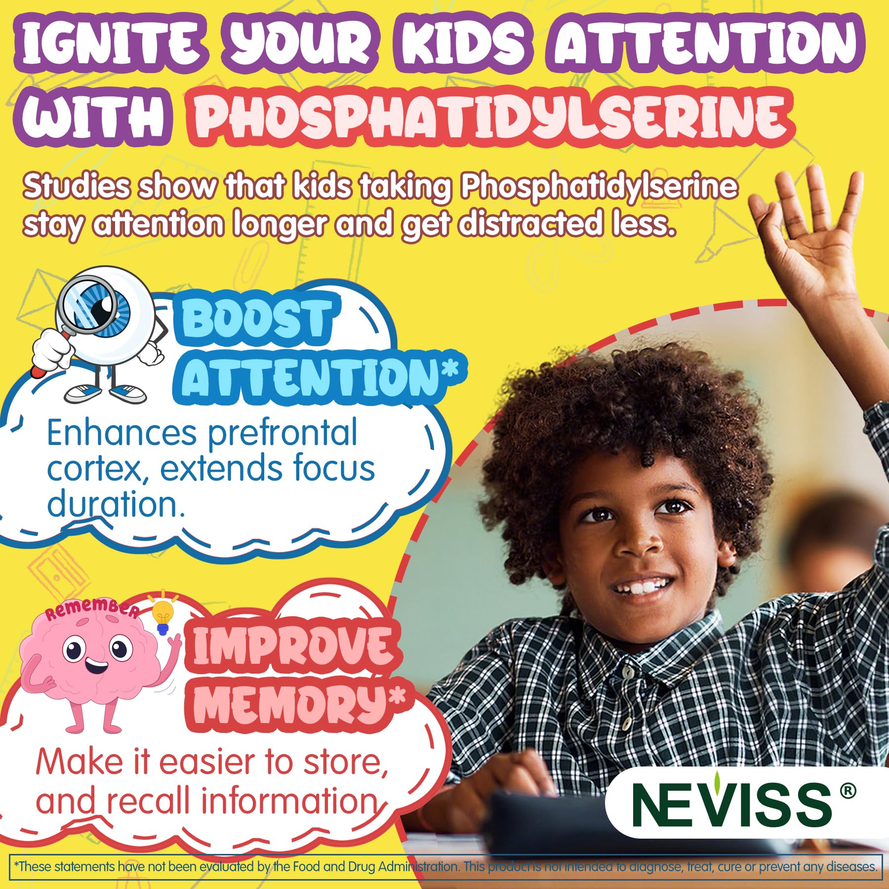 Kids Focus Gummies - Brain Supplements with Vegan Omega 3 DHA, Phosphatidylserine, L-Theanine, L-Tyrosine, Methylated B6 & B12 for Kids & Teen Support Attention, Memory, Nootropic, Sugar Free 60cts NEVISS uk supplements