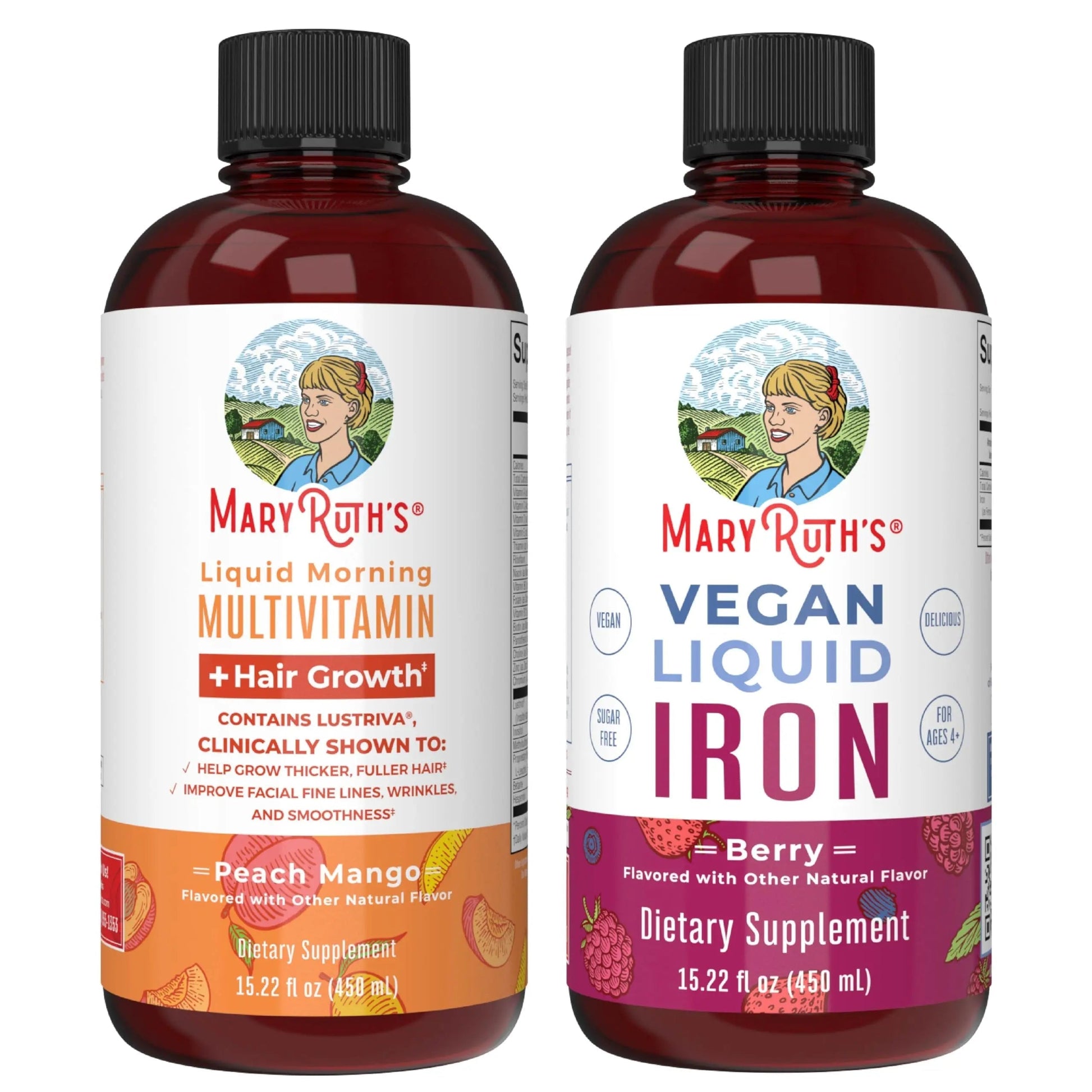 MaryRuth's MaryRuth's Liquid Morning Multivitamin +Hair Growth (Peach Mango, 15.22oz) & Iron Liquid (Berry) | Clean Label Project Verified® | MARYRUTH'S uk supplements