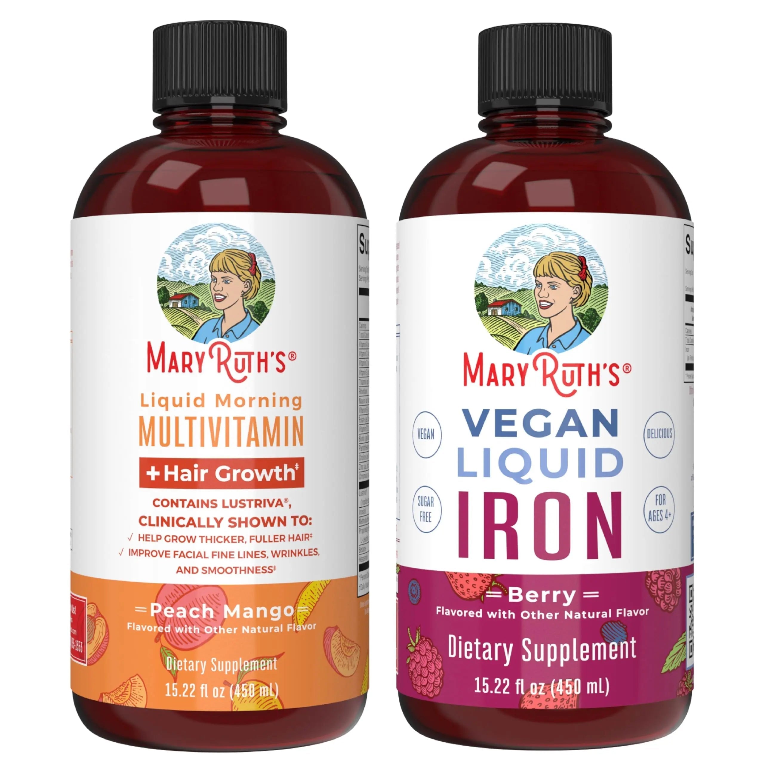 MaryRuth's MaryRuth's Liquid Morning Multivitamin +Hair Growth (Peach Mango, 15.22oz) & Iron Liquid (Berry) | Clean Label Project Verified® | MARYRUTH'S uk supplements