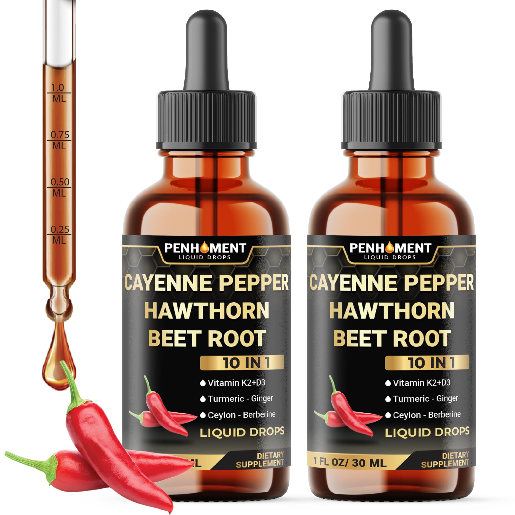 Penhoment 2 Packs - 2700 mg 10in1 Cayenne Pepper Liquid Drops with Hawthorn Berry, Vitamin D3 K2, Beet Root, Ginger Turmeric, Ginger, Ceylon Cinnamon, Berberine, and Ginseng - 2 Months Penhoment uk supplements