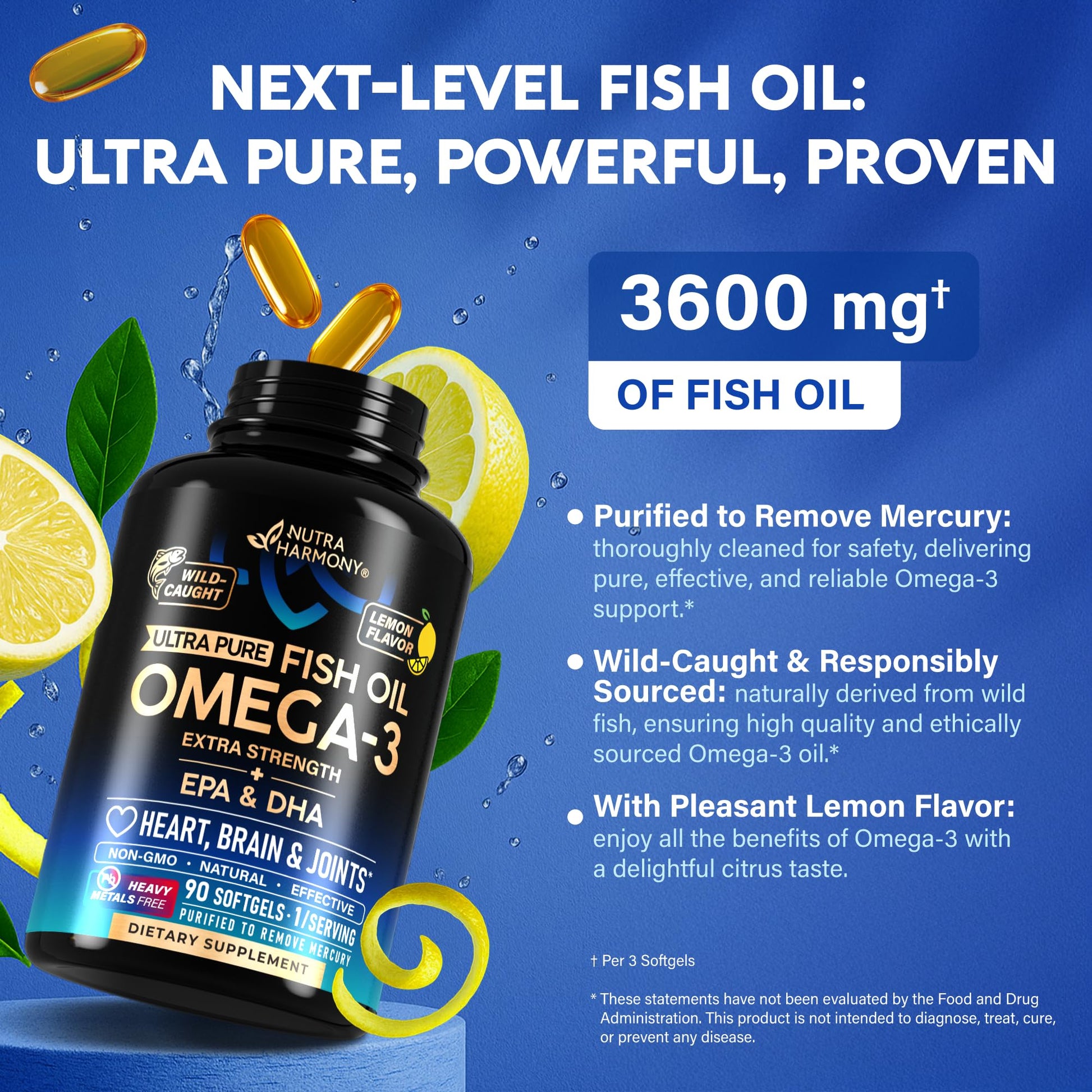 Omega 3 Fish Oil 3600 mg - Omega 3 Supplement | EPA & DHA - Heavy Metals Free - Heart, Brain & Joint Support - Purified Fish Oil for Men & Women - Lemon Flavored - Made in USA, 90 Softgels NUTRAHARMONY uk supplements