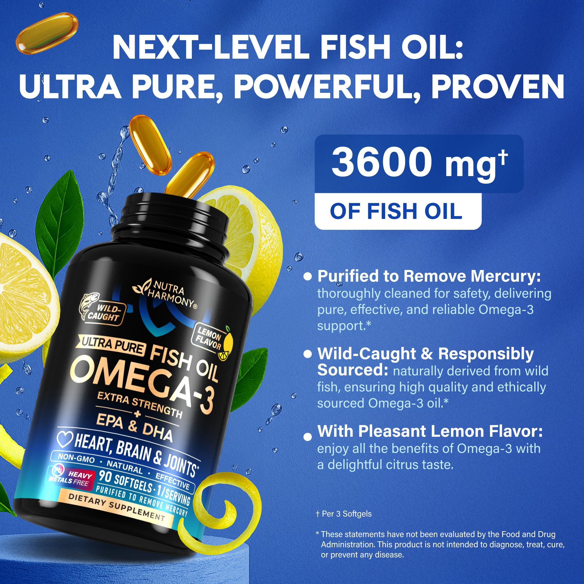 Omega 3 Fish Oil 3600 mg - Omega 3 Supplement | EPA & DHA - Heavy Metals Free - Heart, Brain & Joint Support - Purified Fish Oil for Men & Women - Lemon Flavored - Made in USA, 90 Softgels NUTRAHARMONY uk supplements