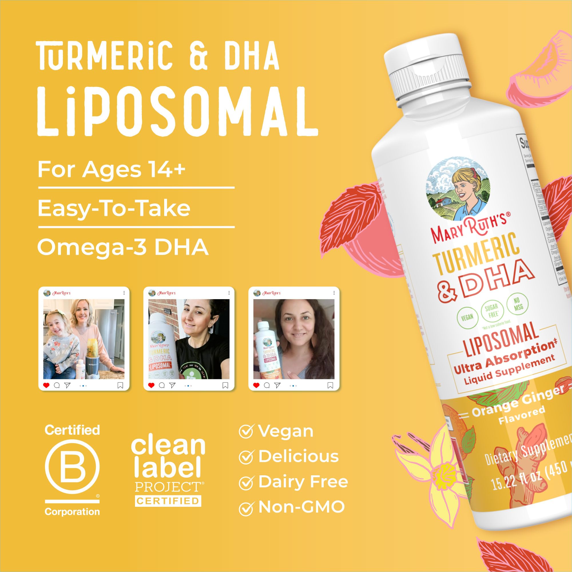 MaryRuth Organics | Liposomal Turmeric & DHA | Curcumin | Ginger Root Oil | Algal DHA & Vitamin E | Cognitive Function | Mood Support | Joint Health | Liquid Supplement | 15.22 oz MARYRUTH'S uk supplements