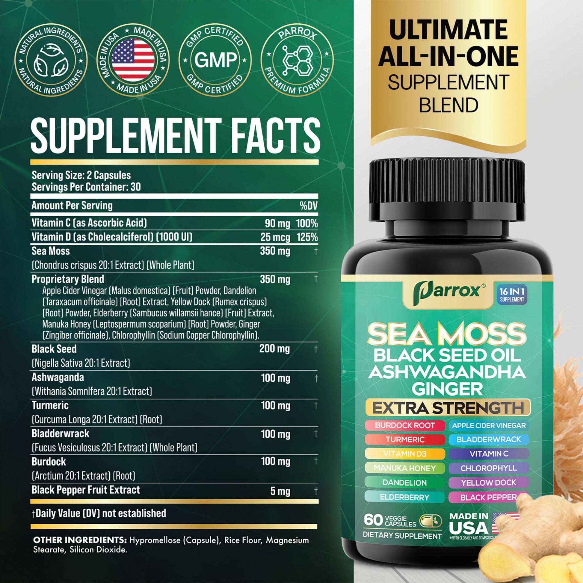 Parrox Sea Moss, Black Seed Oil, Ashwagandha, Turmeric, Chlorophyll, Dandelion, Ginger, Vitamin D3, Black Pepper, Elderberry, ACV, Yellow Dock, Burdock Root, Manuka, Vitamin C, Bladderwrack (60 Caps) Parrox uk supplements