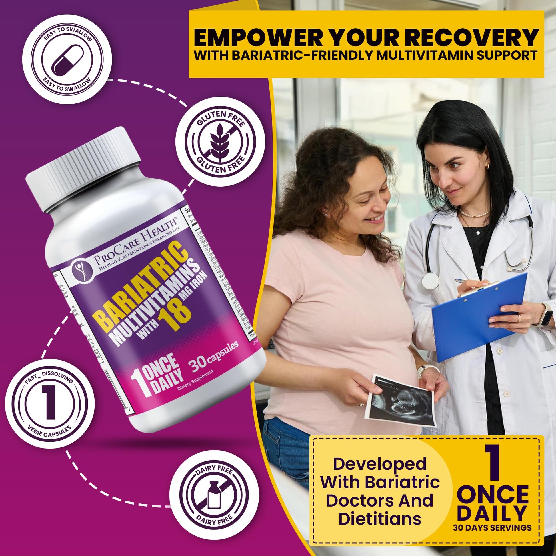 ProCare Health Bariatric Multivitamin with Iron 18mg (30 Easy to Swallow Capsules) - Post Op Bariatric Vitamins ProCare Health uk supplements
