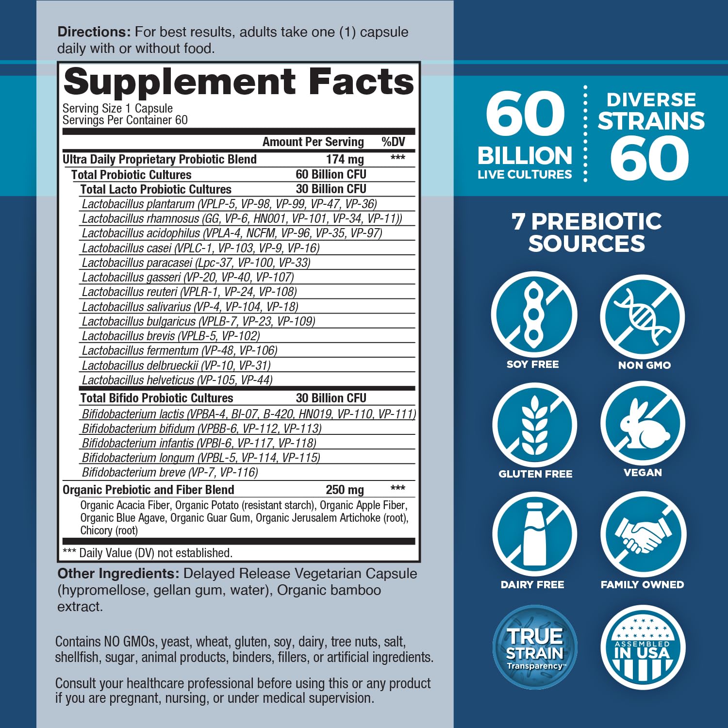 Vital Planet - Vital Flora Ultra Daily Probiotic 60 Billion CFU, Diverse Strains, Organic Prebiotics, Immune Support, Bloating Relief, Digestive Health Probiotics for Women and Men 60 Capsules Vital Planet uk supplements