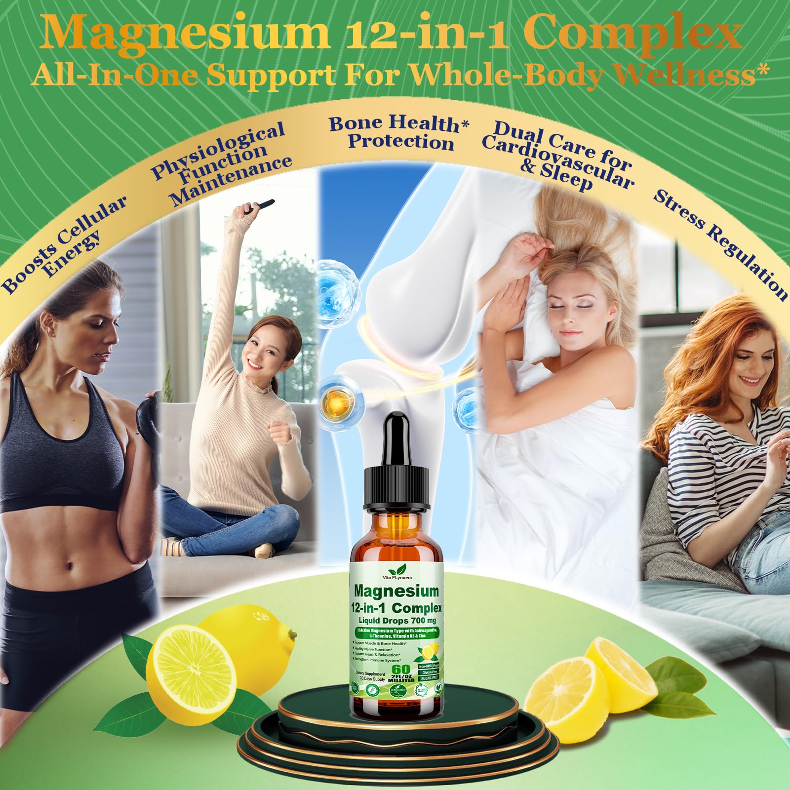12-in-1 Magnesium Complex Liquid Drops, Chelated Magnesium Citrate Glycinate Taurate Malate Aspartate w. Ashwagandha Theanine D3 & Zinc for Relaxation Sleep Immune Health & Muscle Function丨Women Men. Vita PLynxera uk supplements