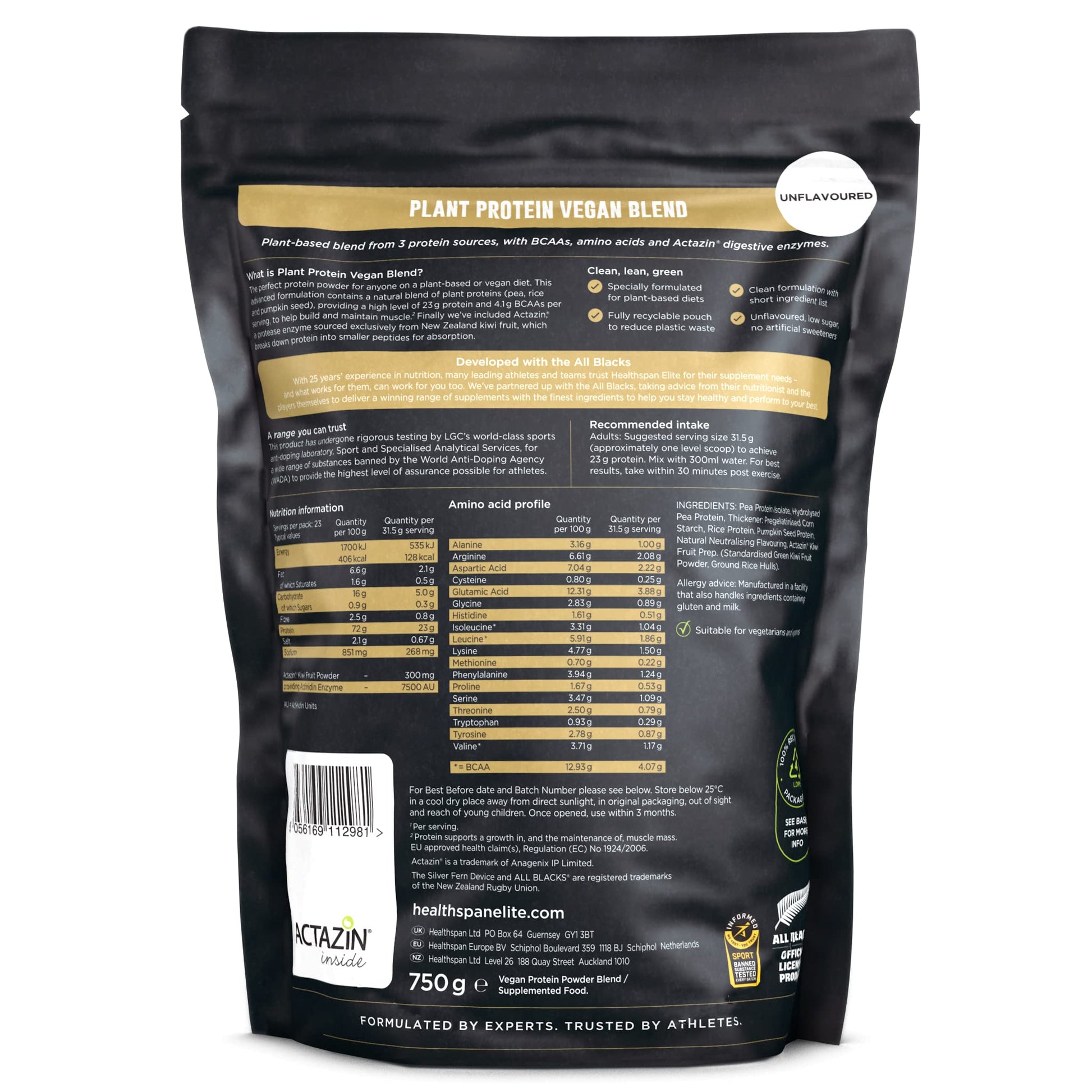 Healthspan Elite Plant Protein Vegan Blend (750g) | All Blacks Partner | 23g Protein Per Serving Healthspan Elite uk supplements