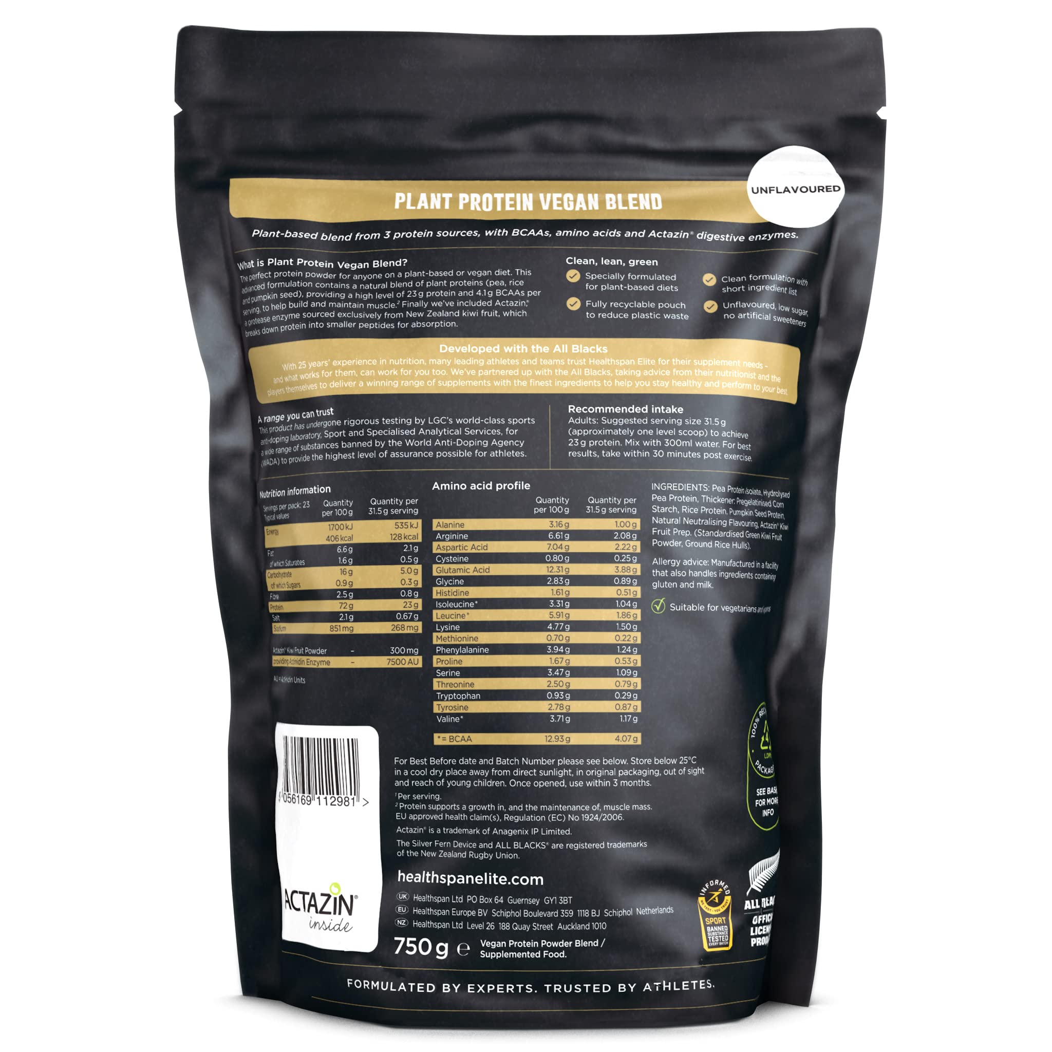 Healthspan Elite Plant Protein Vegan Blend (750g) | All Blacks Partner | 23g Protein Per Serving Healthspan Elite uk supplements