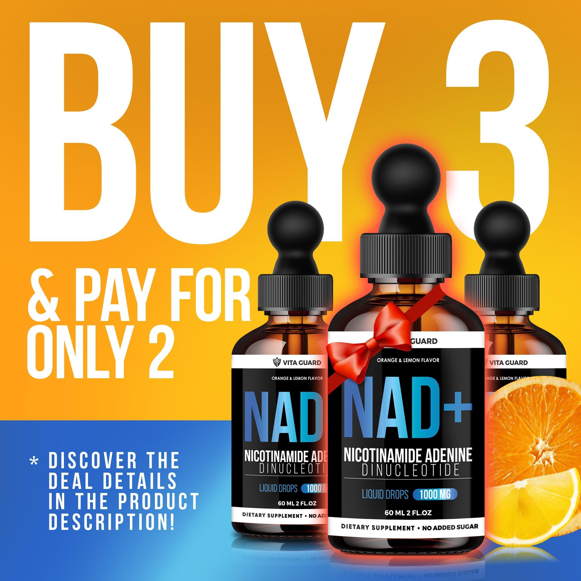 Vita Guard Pure NAD+ Supplements 1000mg Liquid Drops for Women & Man | Nicotinamide Adenine Similar to Nicotinamide Riboside NAD Plus Boosting Supplement - Natural Lemon & Orange Flavor Vita Guard uk supplements