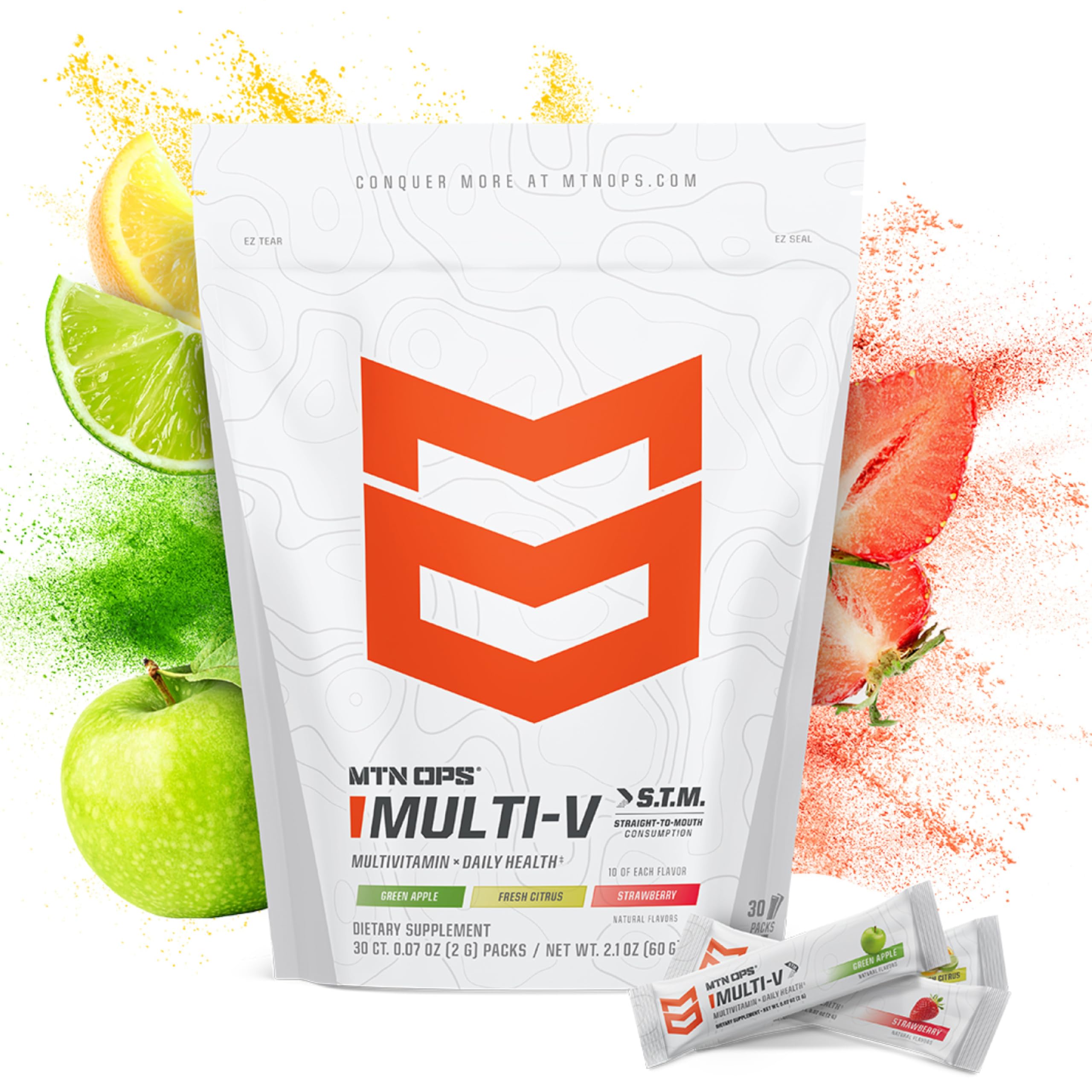 MTN OPS Multi‑V STM On‑the‑Go Daily Multivitamin for Men, Women & Kids – Straight‑to‑Mouth Vitamin C D3 B Zinc Packs – Gluten Free, Natural Flavors, 30 Servings MTN OPS uk supplements