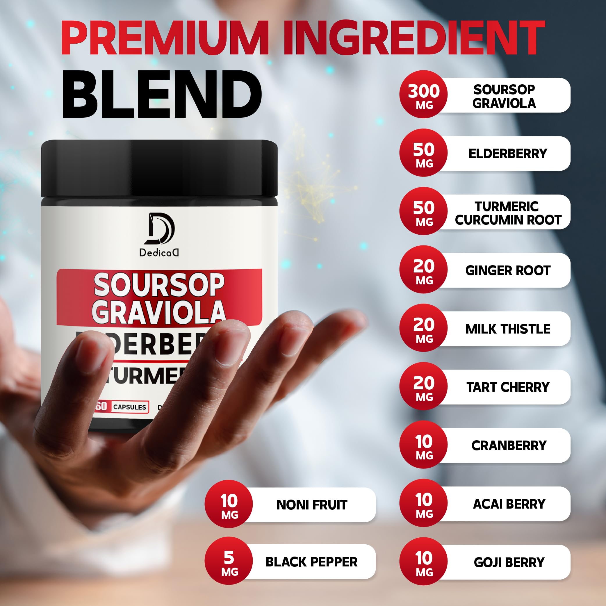 DEDICAD 11in1 Graviola Soursop Capsules - Blended with Elderberry, Turmeric, Ginger, Milk Thistle, Cranberry & More - Support Positive Mood, Immune System & Body Management DEDICAD uk supplements