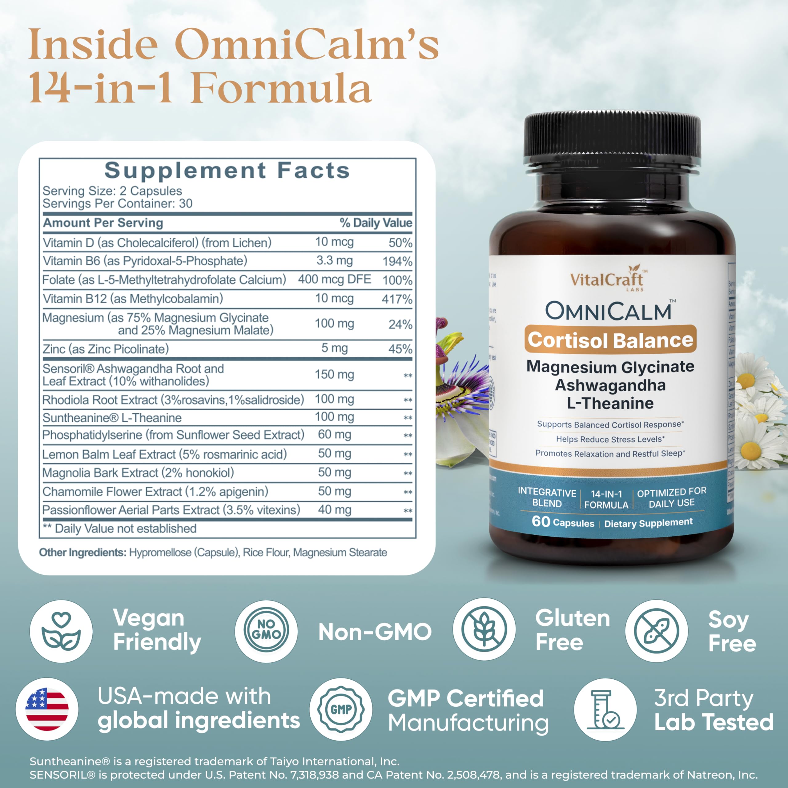 VITALCRAFT LABS OmniCalm Cortisol Supplements for Women & Men | Stress Relief & Sleep Support with Magnesium & Ashwagandha, L Theanine | 14-in-1 Cortisol Reducer, Manager, Detox – USA VITALCRAFT LABS uk supplements