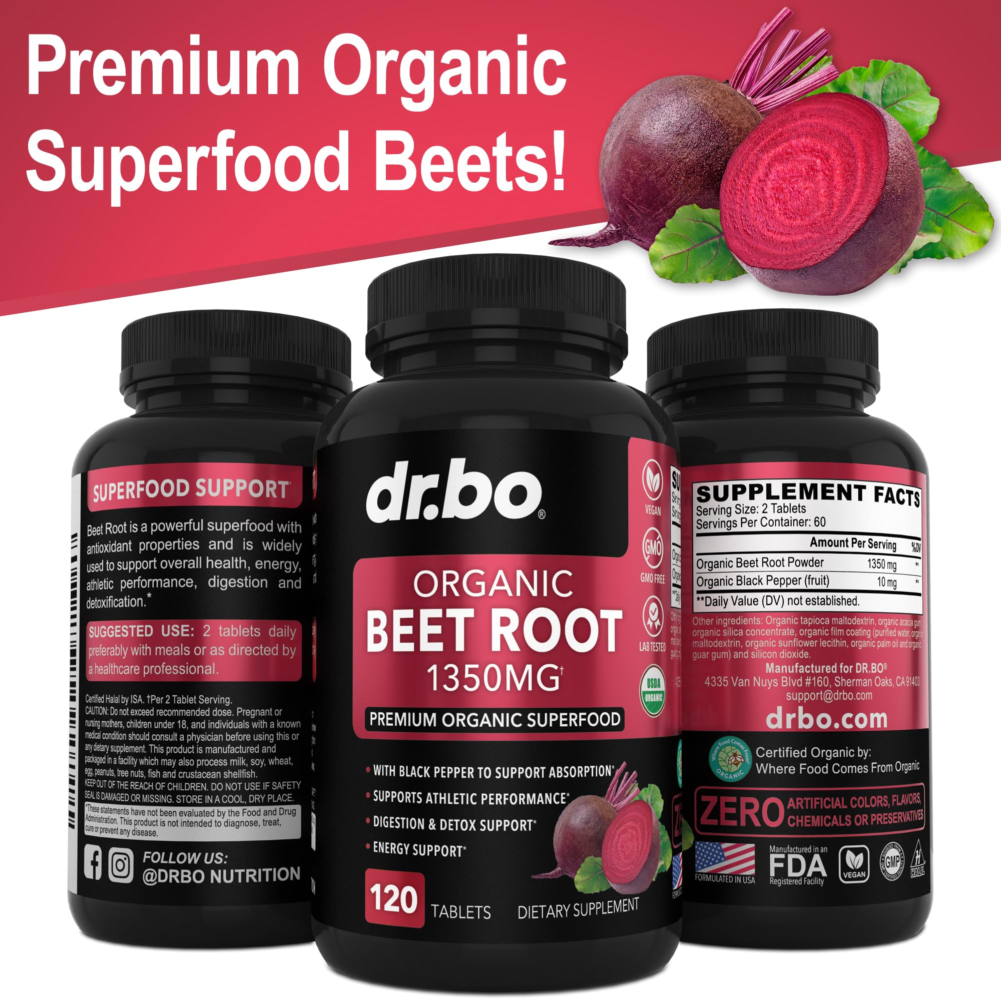 Organic Beet Root Capsules Supplements - 1350mg Beetroot Powder Extract Pills, Organic DR. BO uk supplements